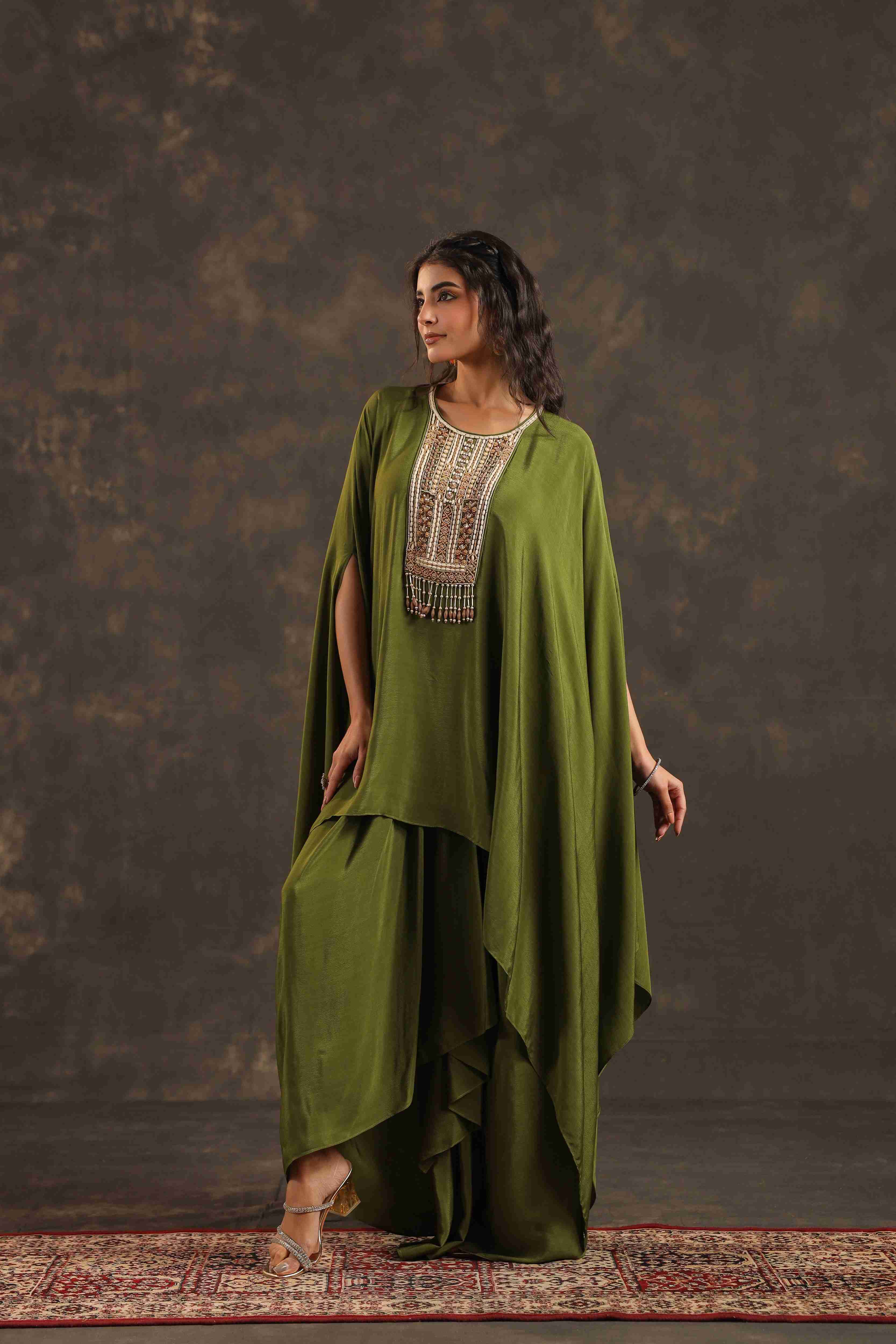 Flayered Top with Dhoti Pant Mehndi