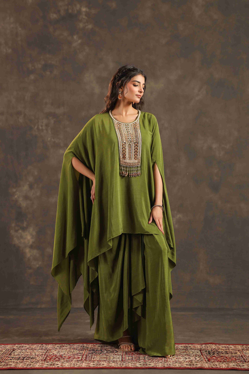 Flayered Top with Dhoti Pant Mehndi