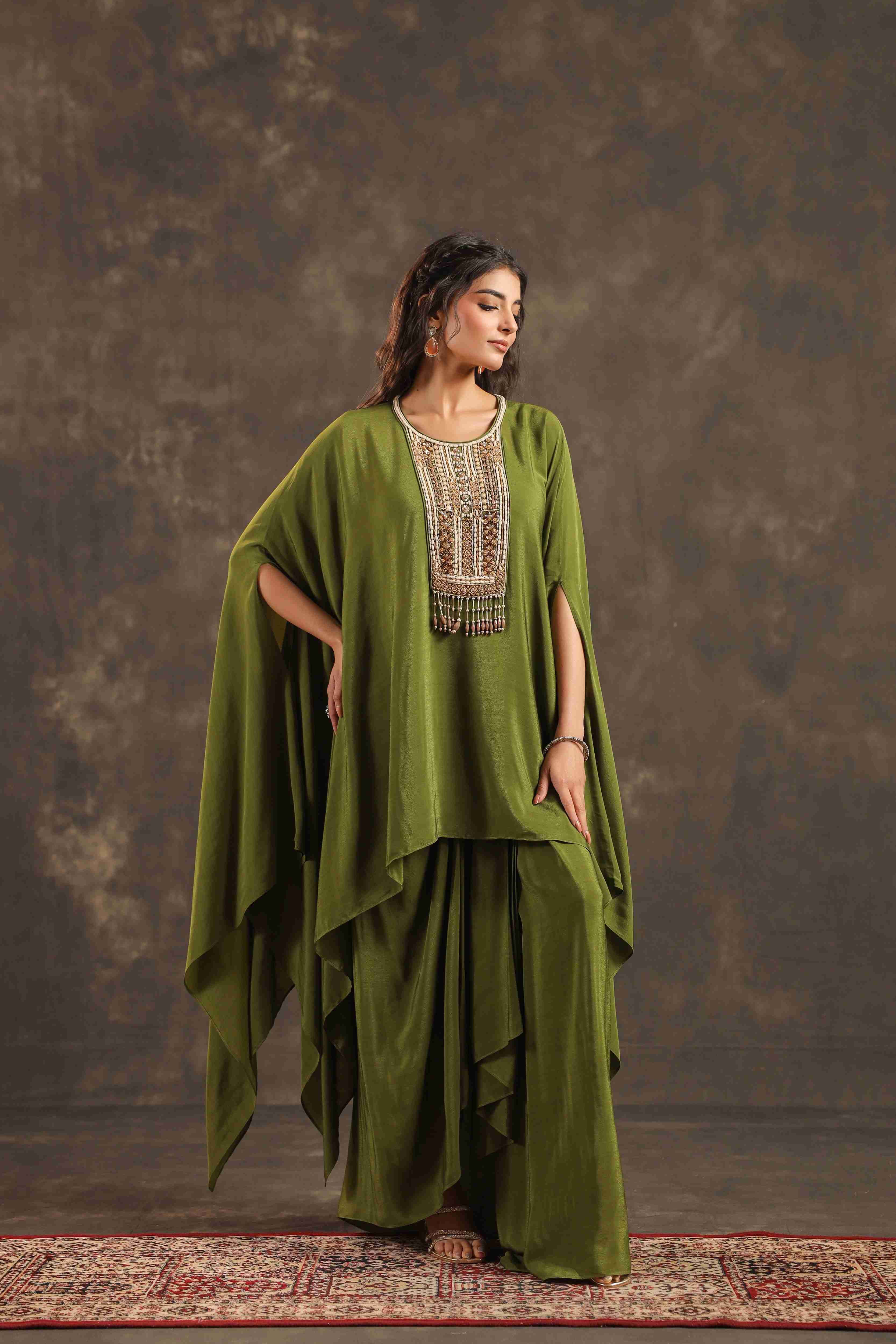 Flayered Top with Dhoti Pant Mehndi