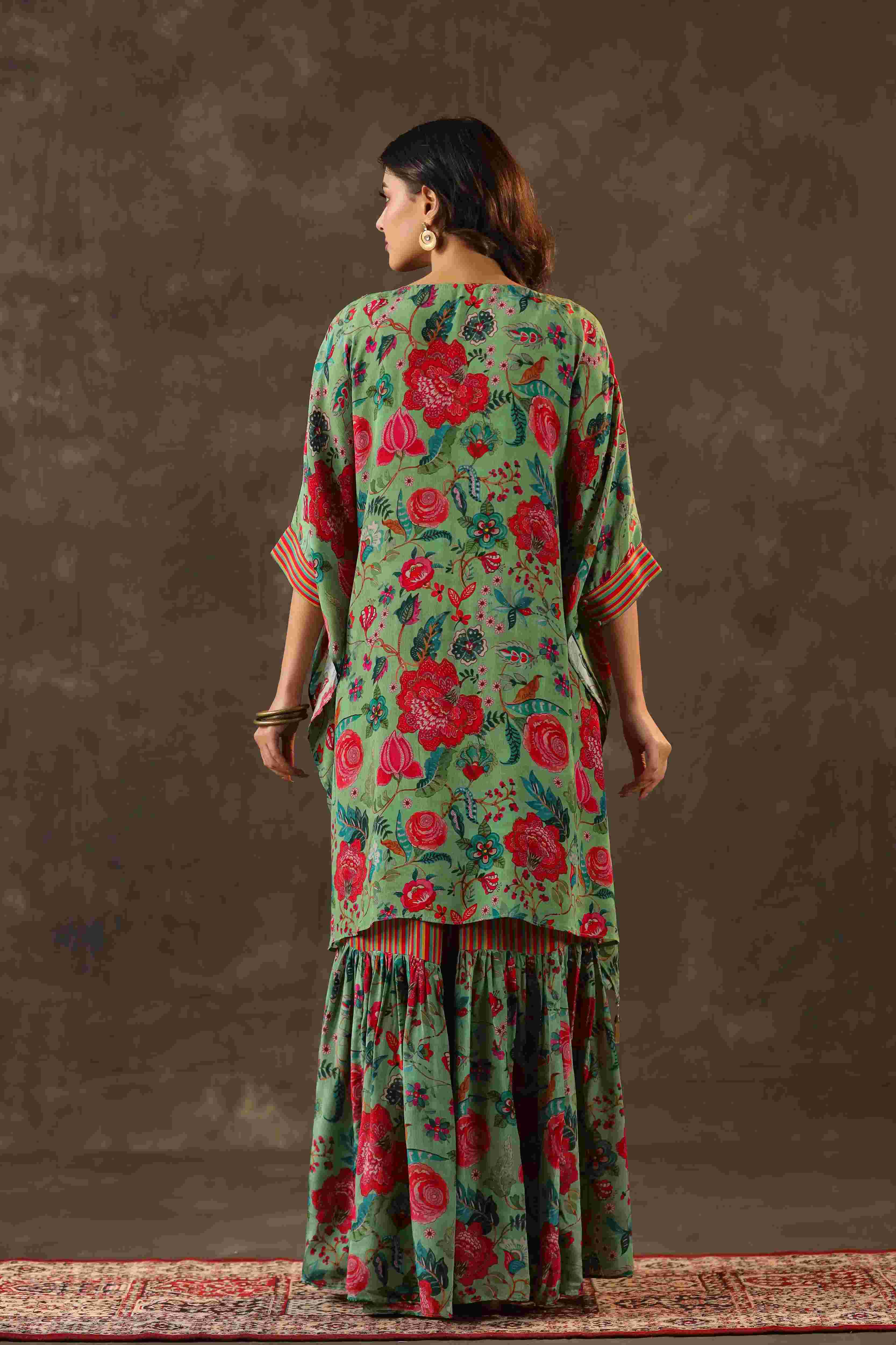 Printed Long Kurti with Sharara Pant - Green