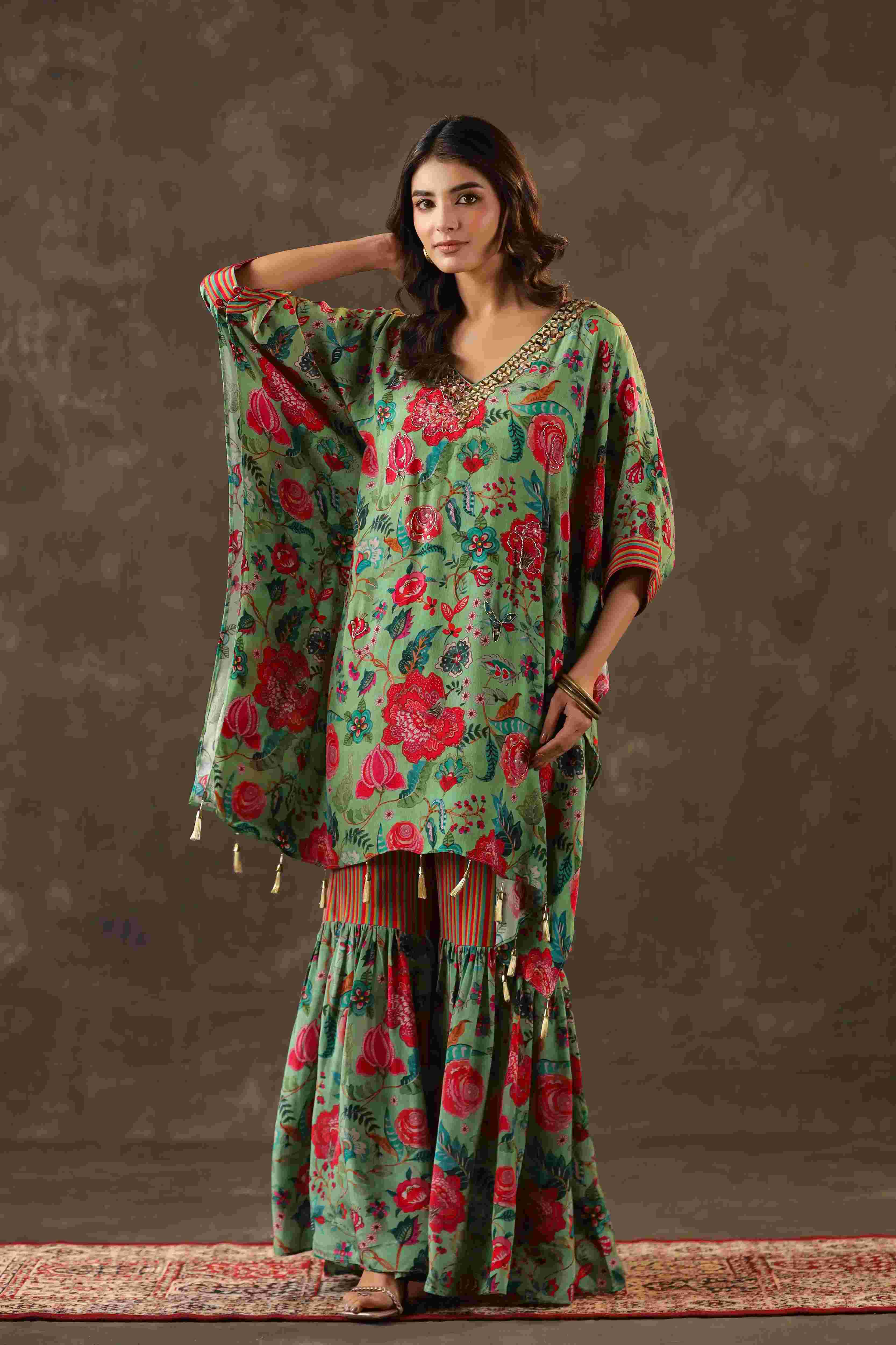 Printed Long Kurti with Sharara Pant - Green