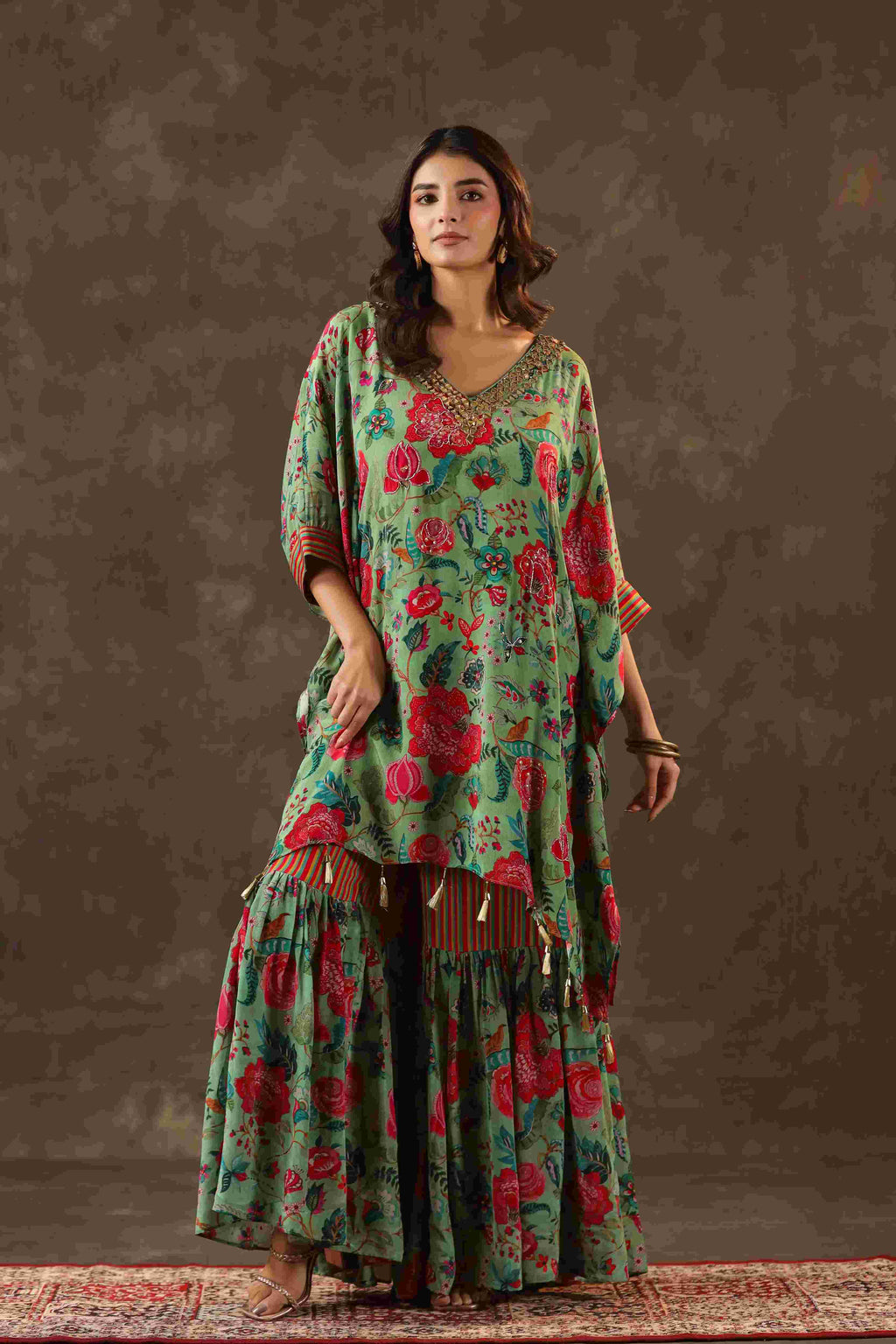Printed Long Kurti with Sharara Pant - Green