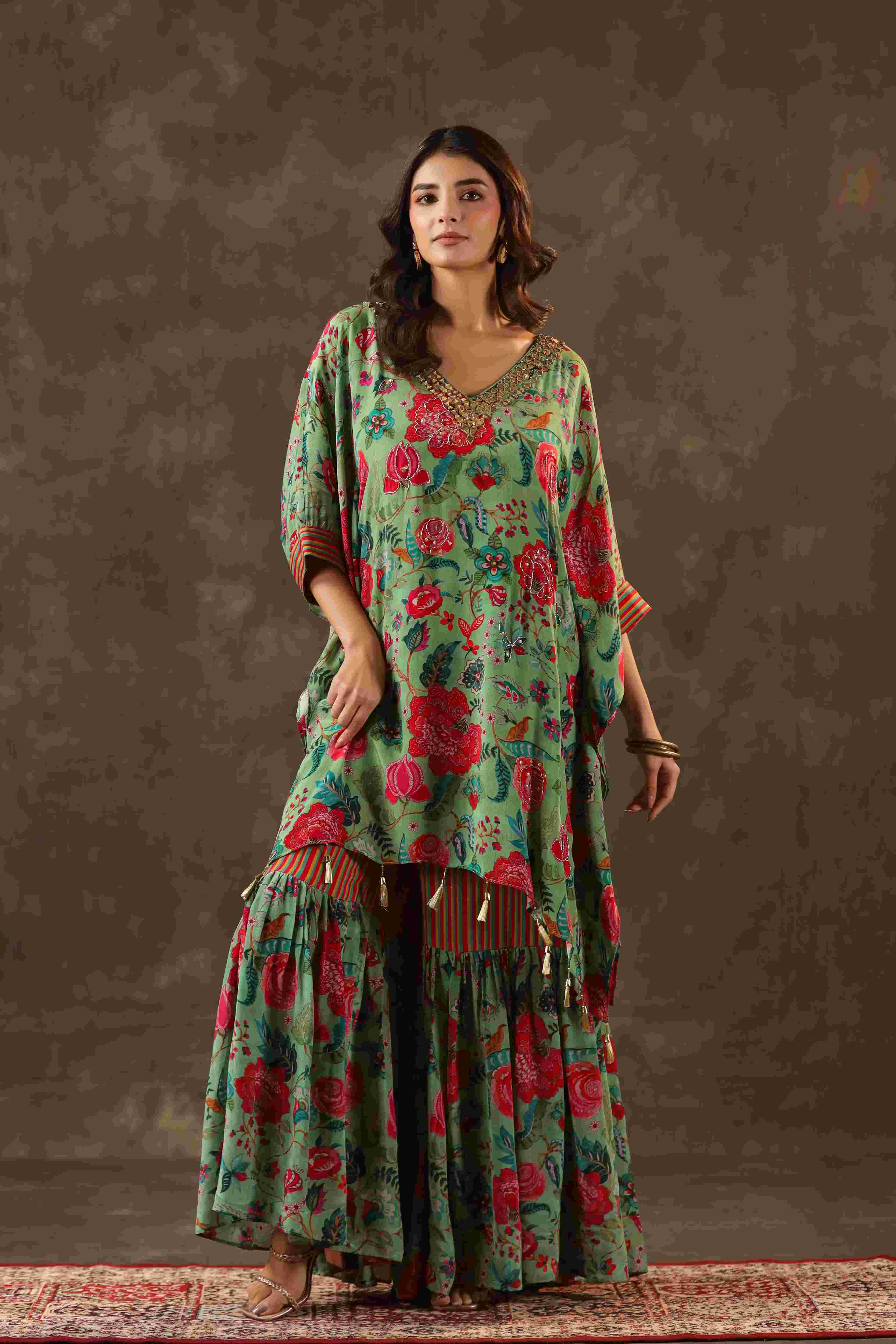 Printed Long Kurti with Sharara Pant - Green
