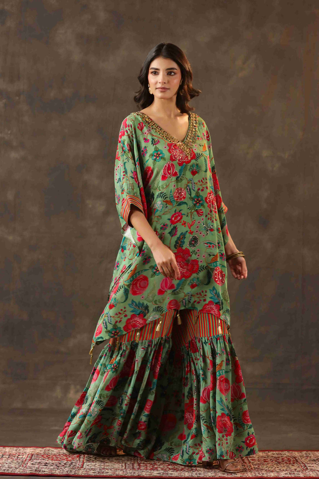 Printed Long Kurti with Sharara Pant - Green