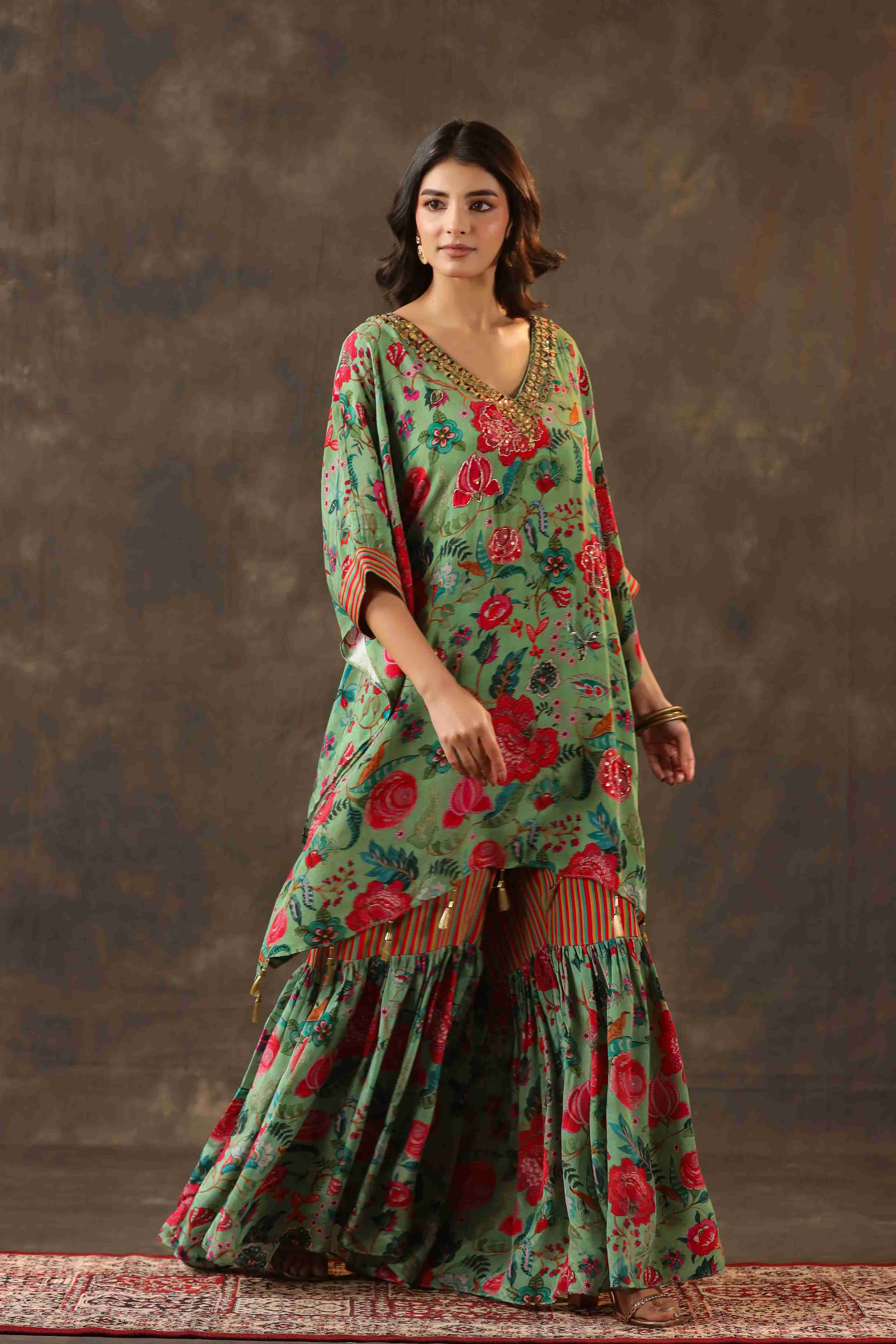Printed Long Kurti with Sharara Pant - Green
