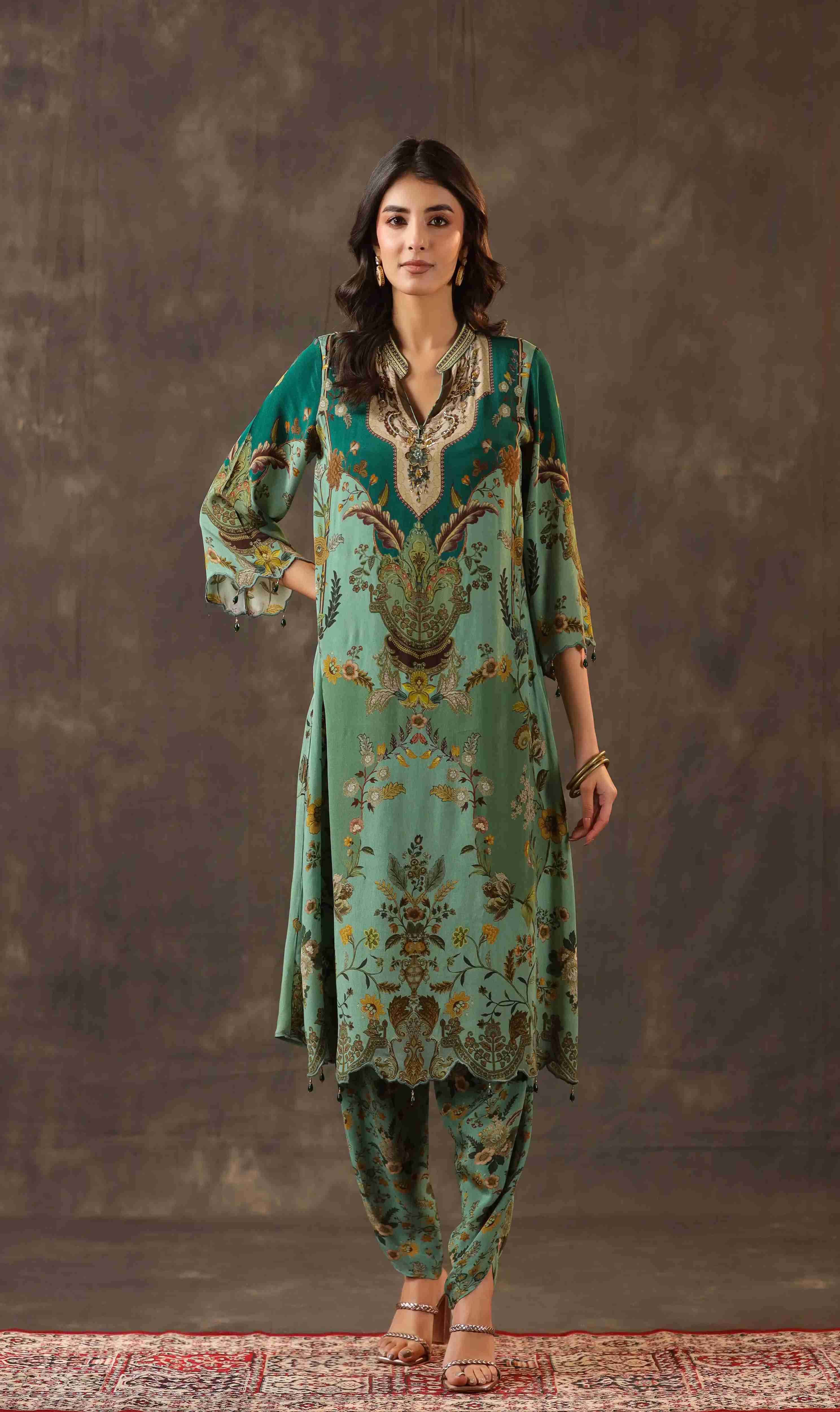 Traitional Kurti with Dhoti Pant - Olive