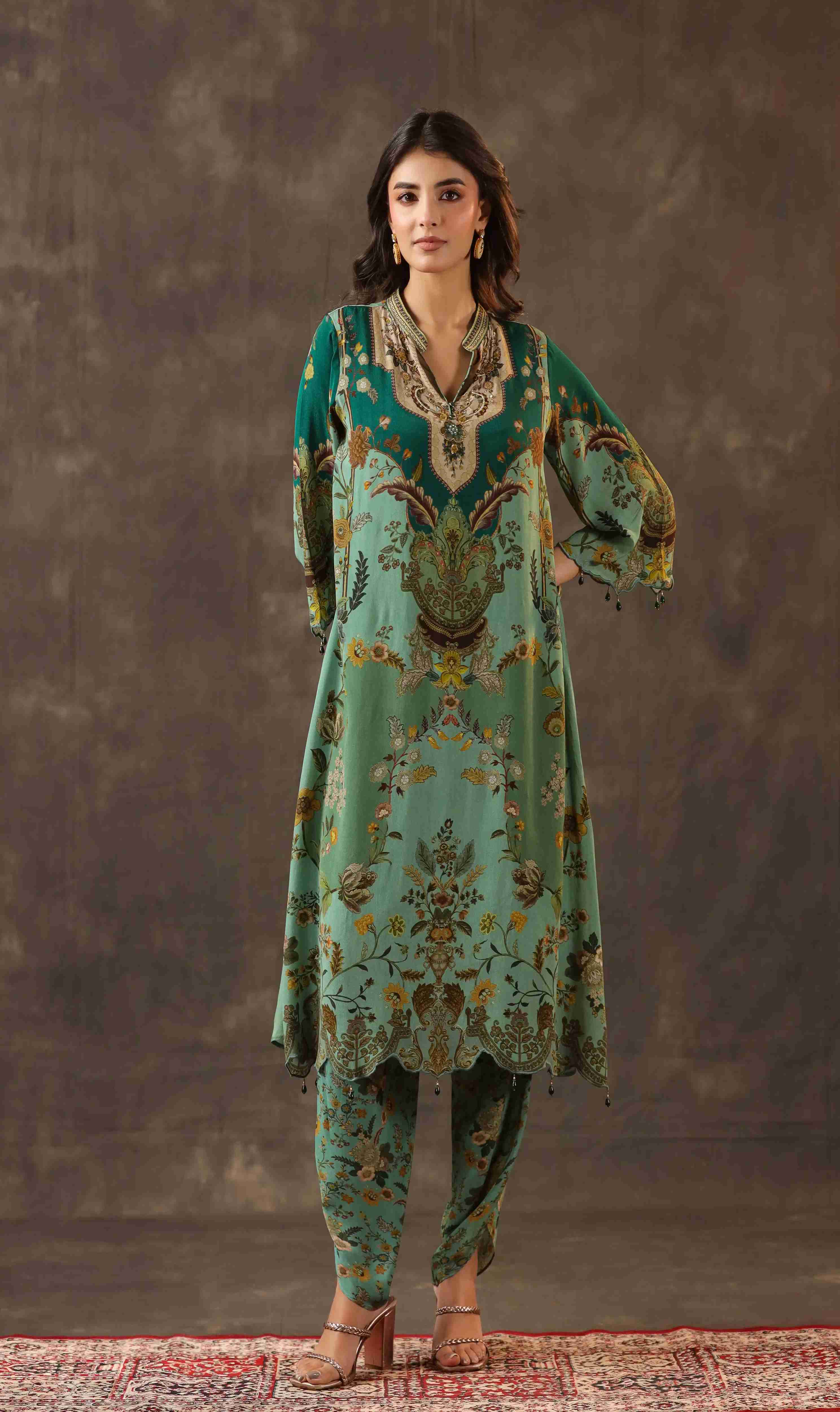 Traitional Kurti with Dhoti Pant - Olive
