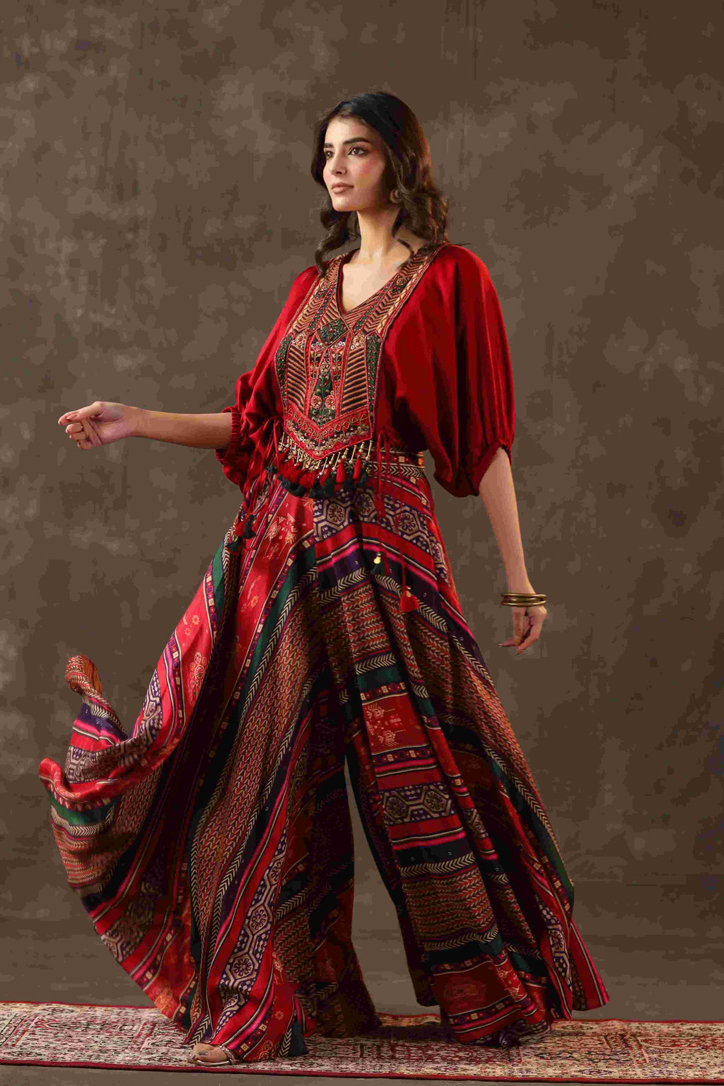 Printed Pant with heavy Cowl Top - Multi