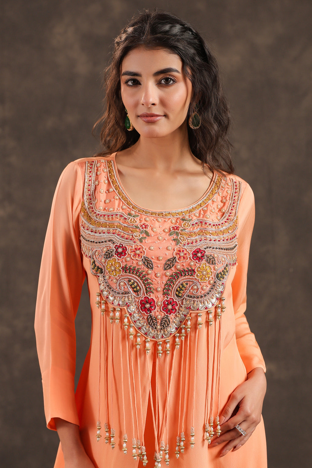 Long Kurti with Heavy Embeliished Yok Light Peach