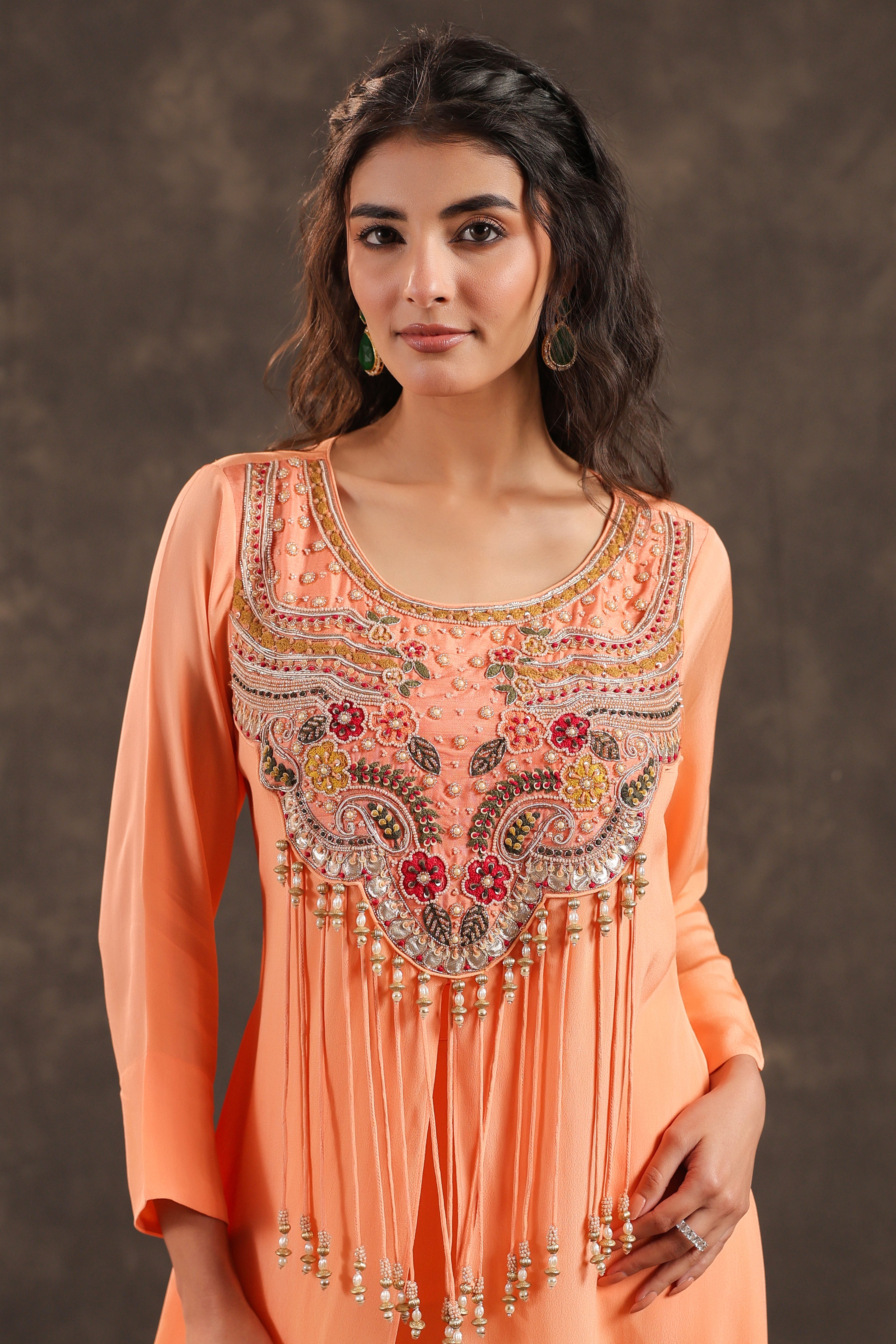 Long Kurti with Heavy Embeliished Yok Light Peach