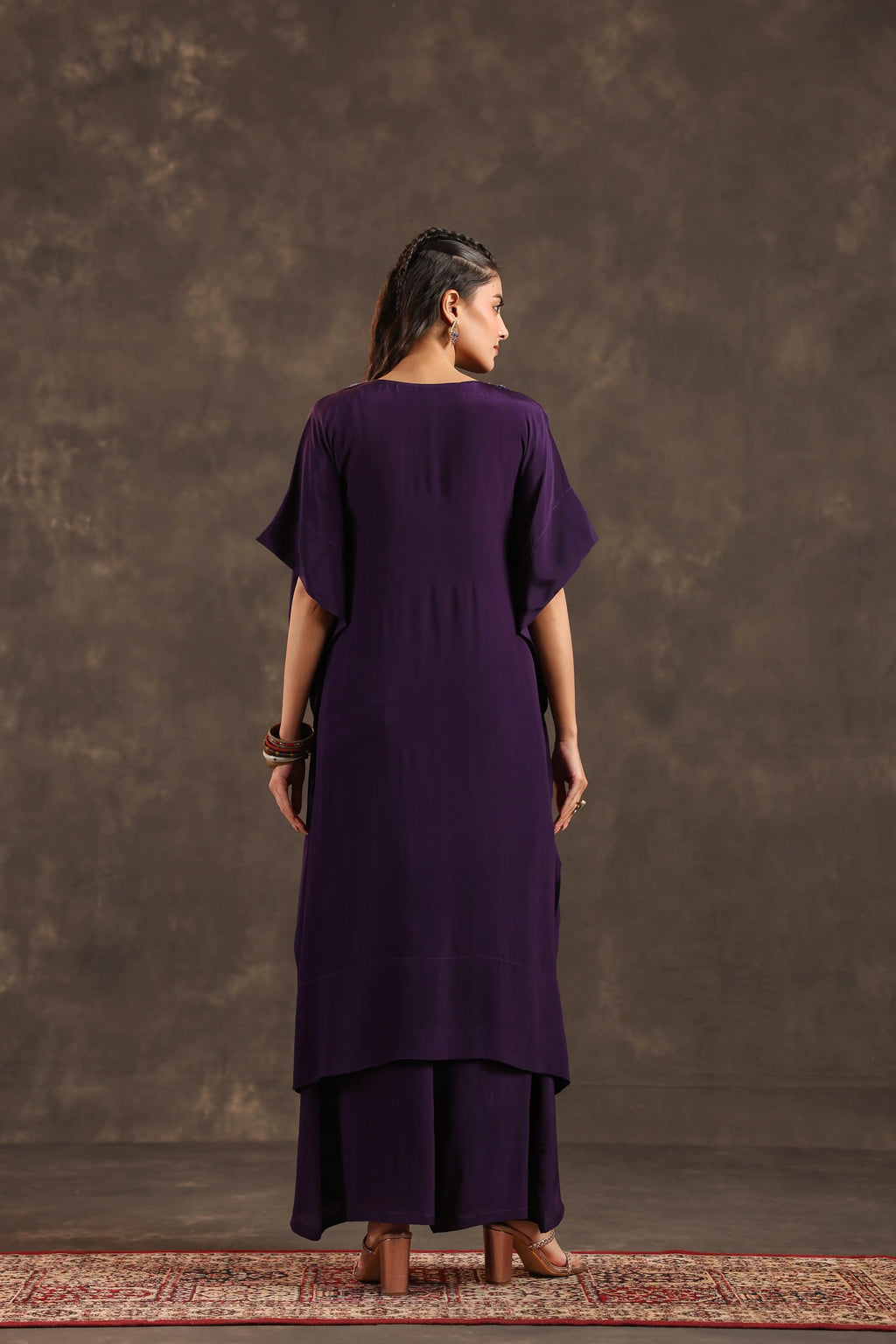 Heavy Embellished Long Top with Flayered Pant Voilet - Purple
