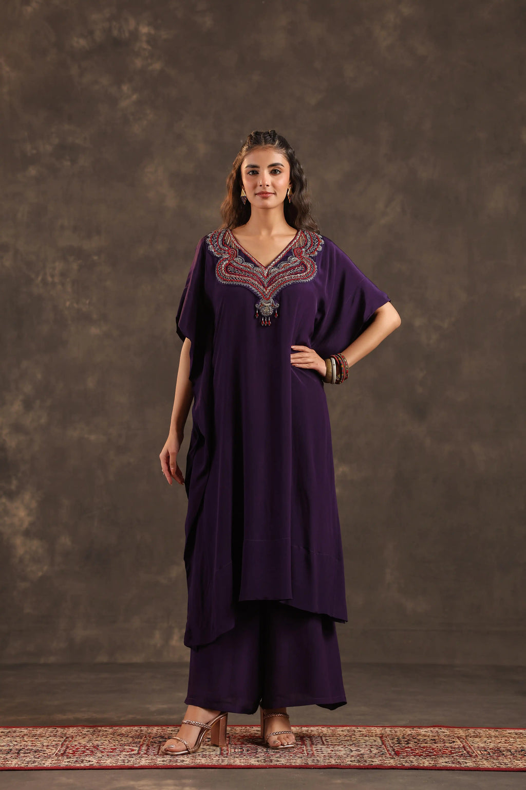 Heavy Embellished Long Top with Flayered Pant Voilet - Purple