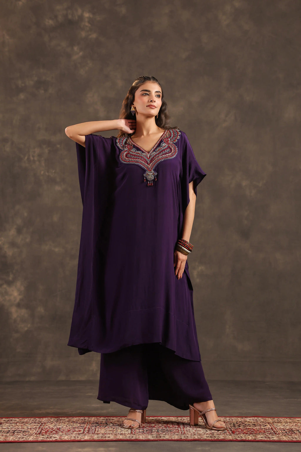 Heavy Embellished Long Top with Flayered Pant Voilet - Purple