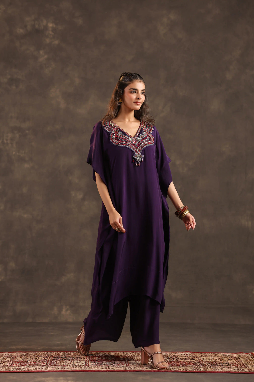 Heavy Embellished Long Top with Flayered Pant Voilet - Purple