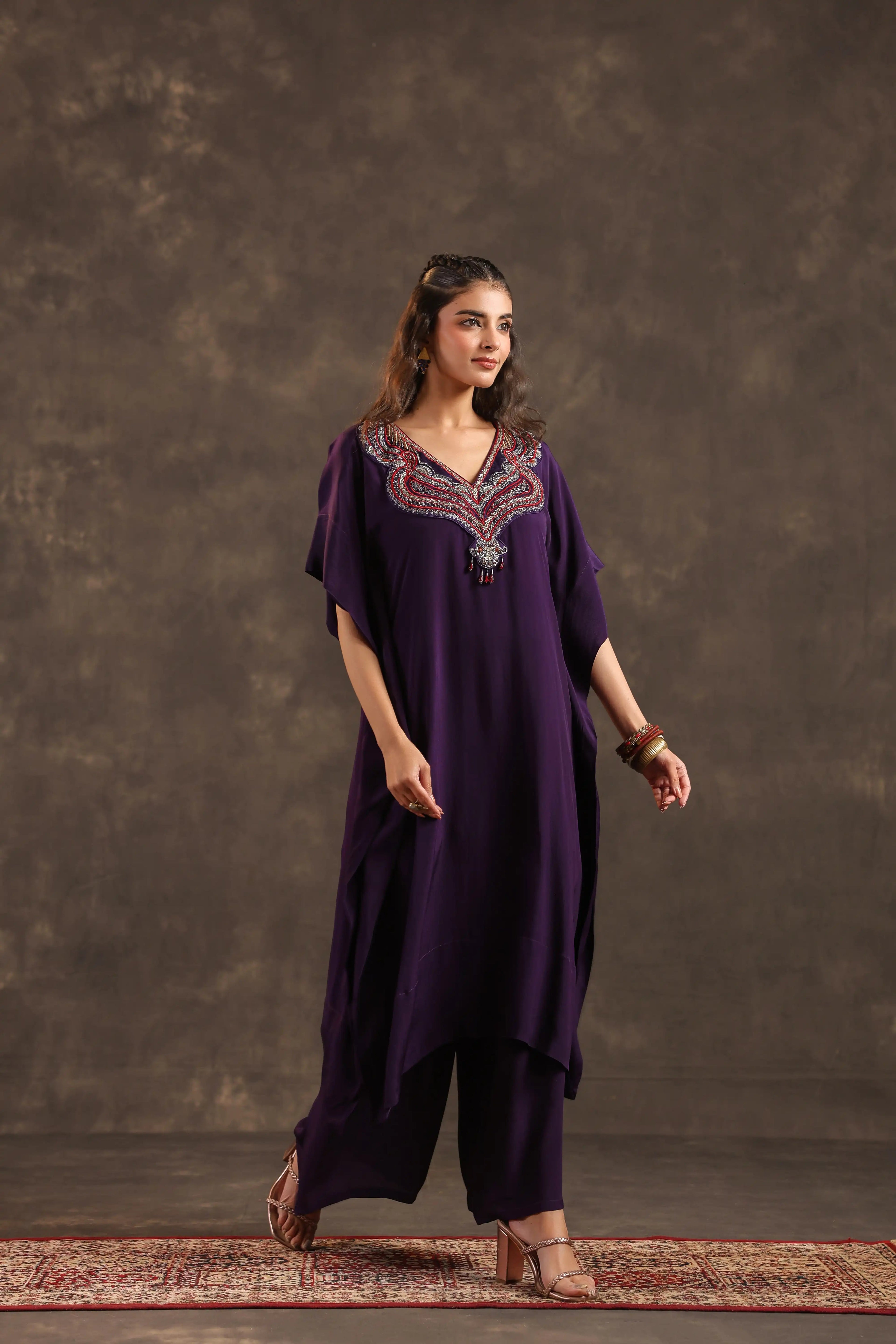 Heavy Embellished Long Top with Flayered Pant Voilet - Purple