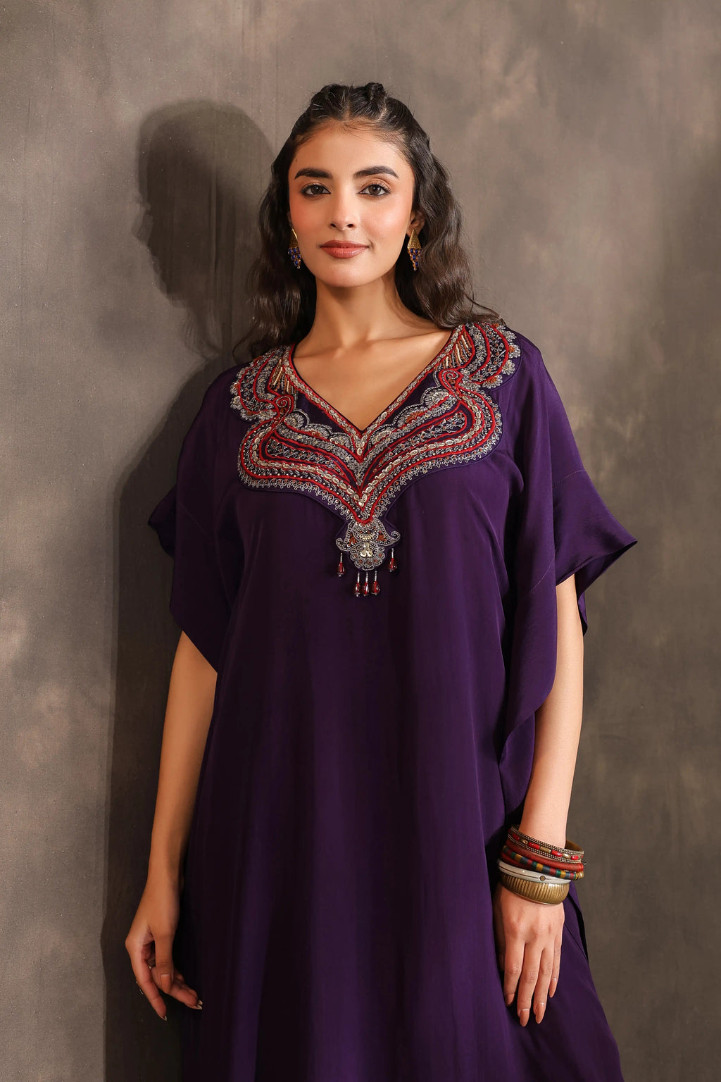 Heavy Embellished Long Top with Flayered Pant Voilet - Purple