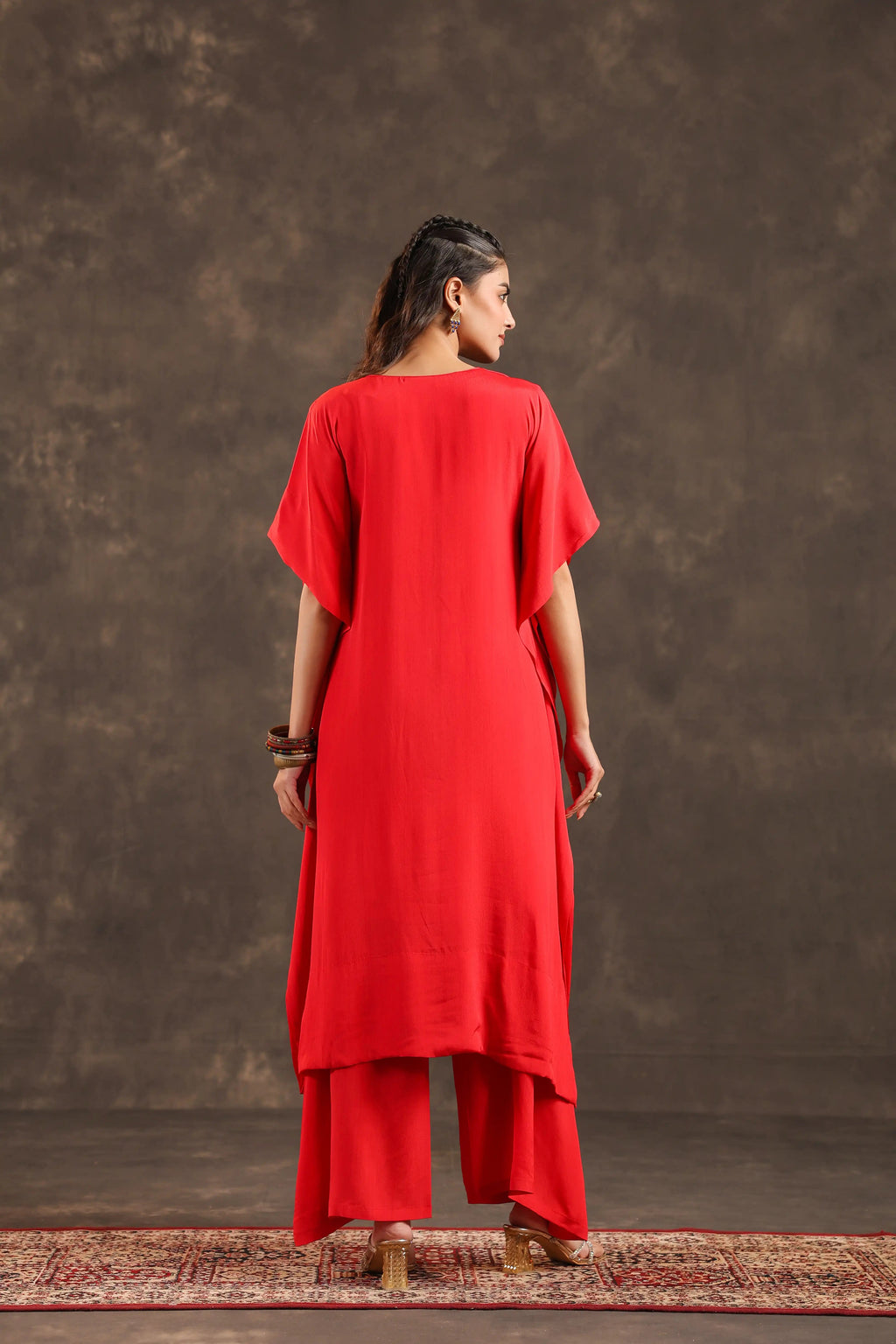 Heavy Embellished Long Top with Flayered Pant Red