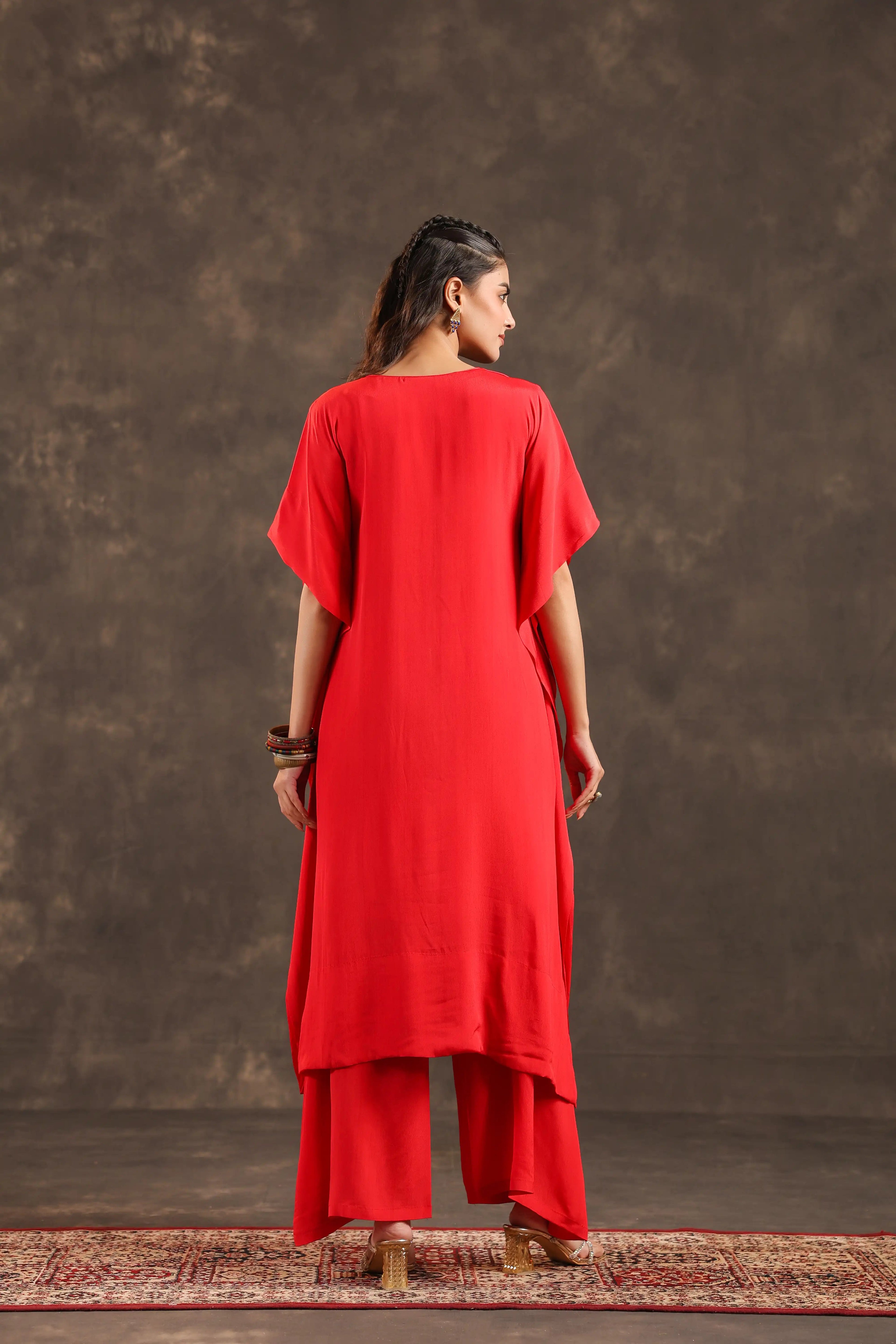 Heavy Embellished Long Top with Flayered Pant Red