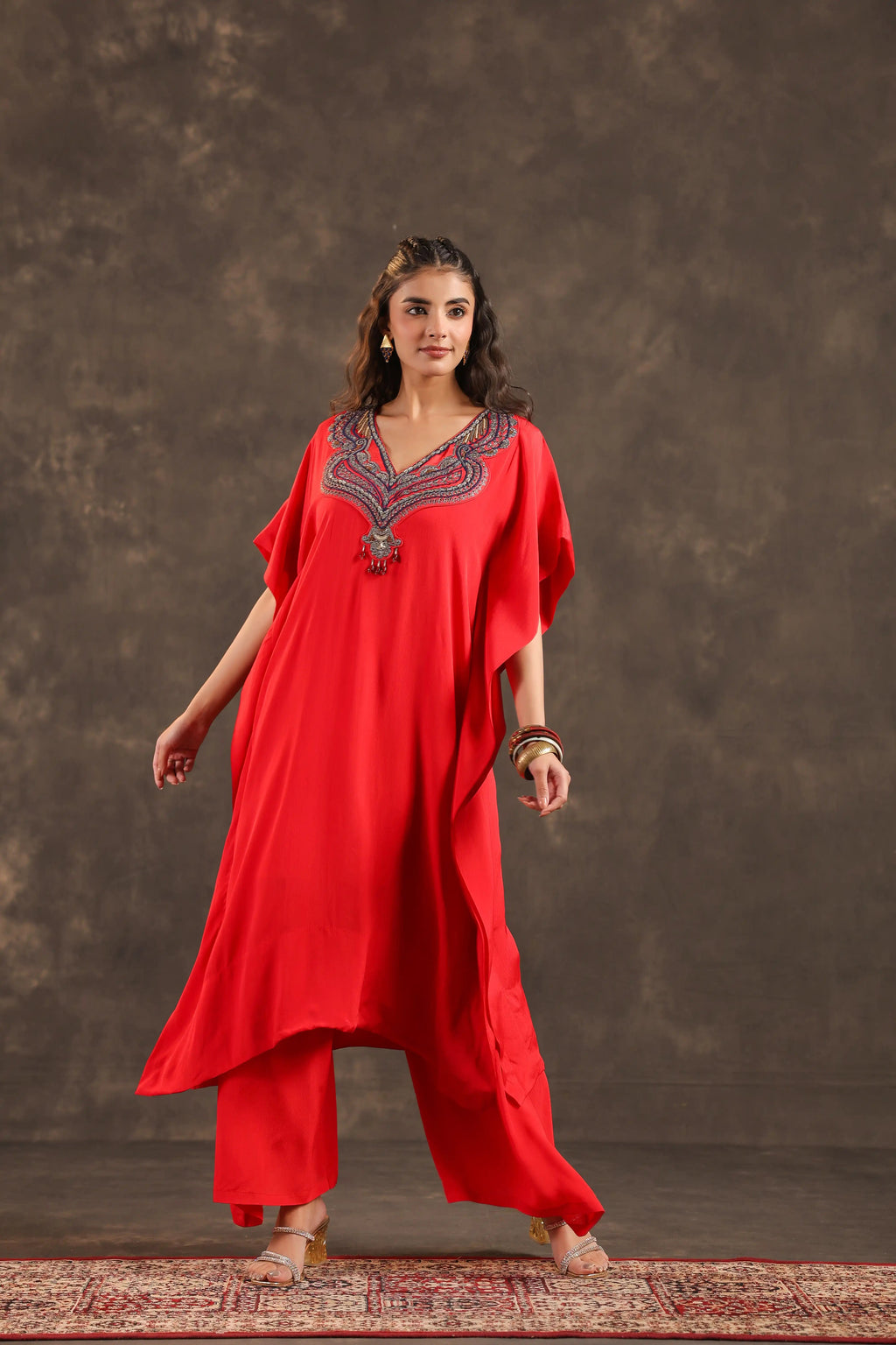 Heavy Embellished Long Top with Flayered Pant Red