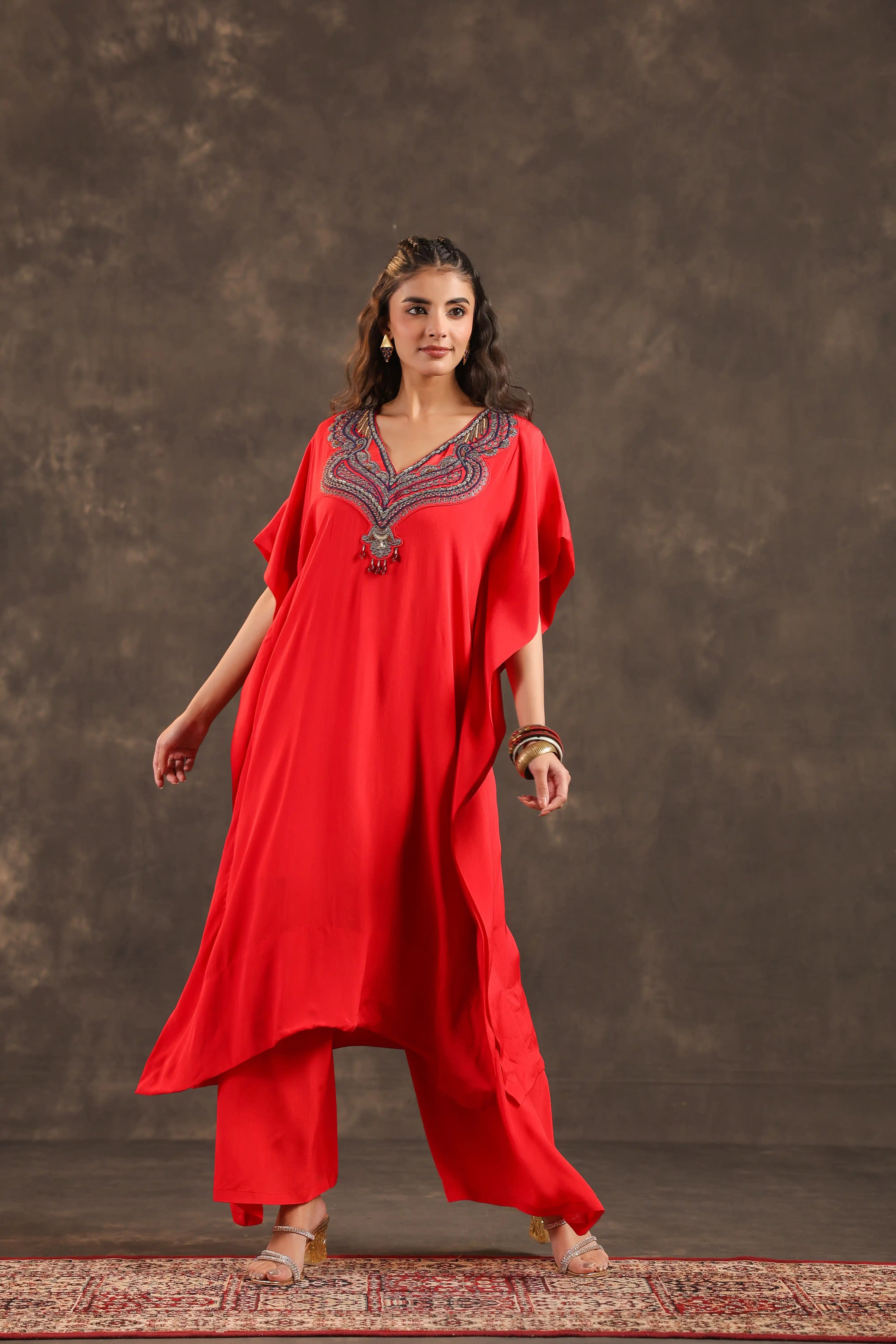 Heavy Embellished Long Top with Flayered Pant Red