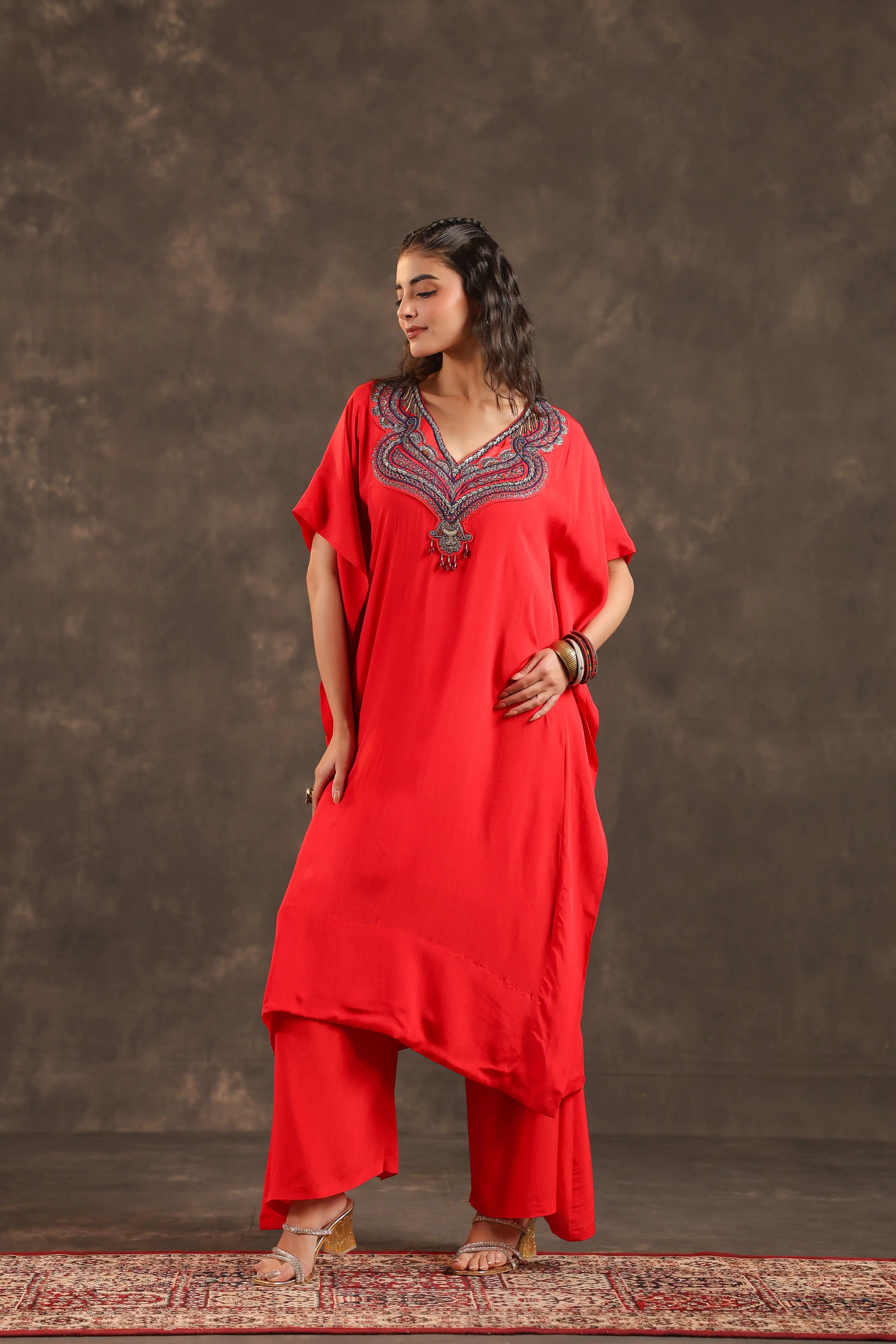 Heavy Embellished Long Top with Flayered Pant Red