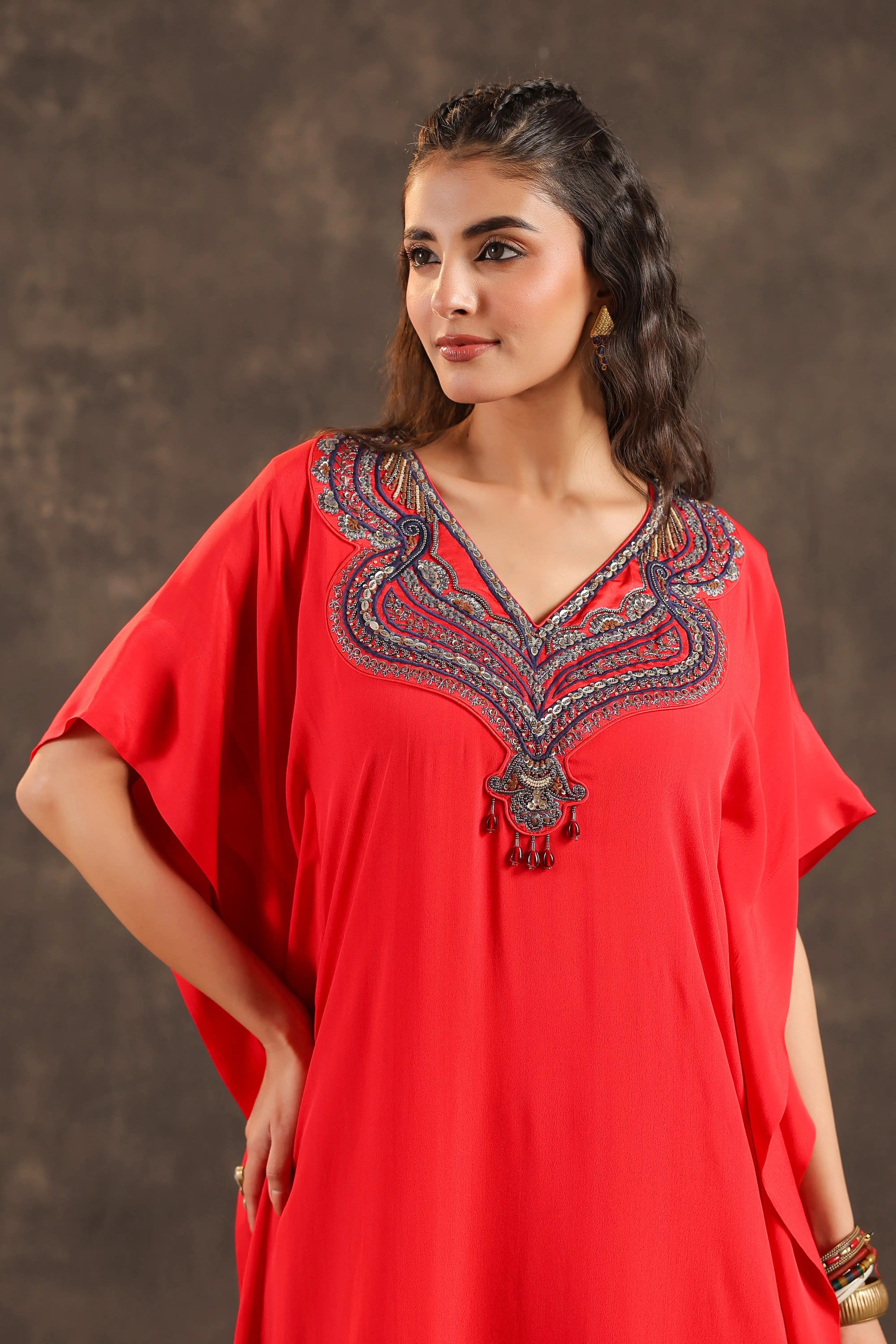 Heavy Embellished Long Top with Flayered Pant Red