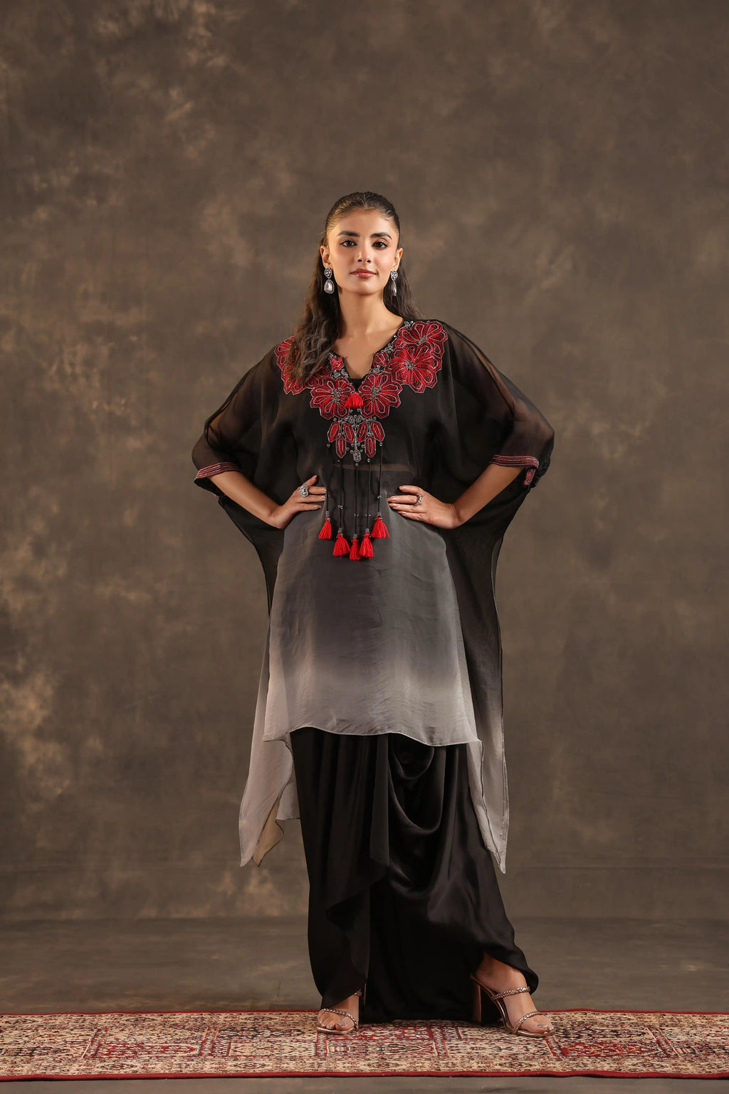 Heavy Embellished Ombre Kaftan Set Black - - Black Material: –Top : Arganza