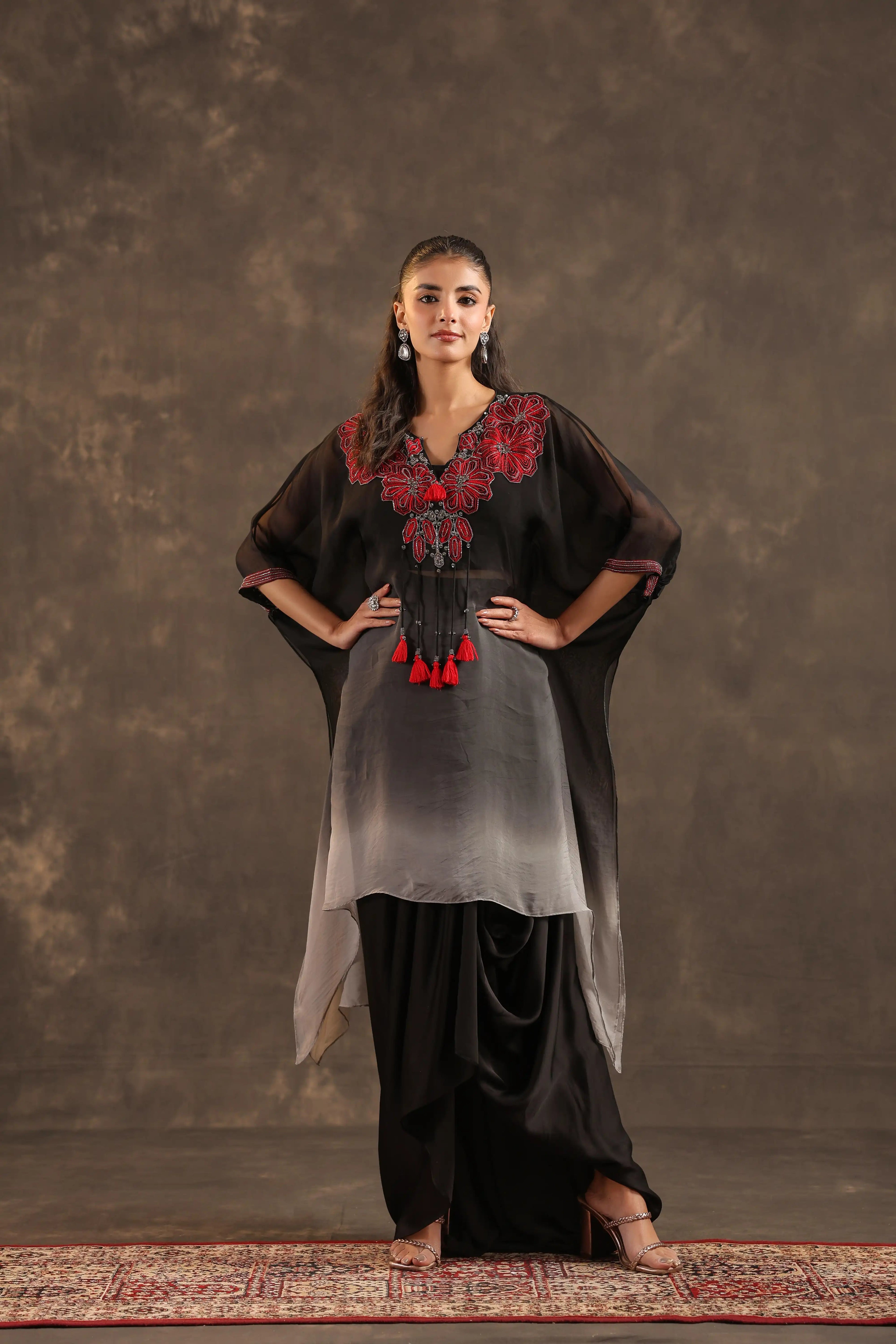 Heavy Embellished Ombre Kaftan Set Black - - Black Material: –Top : Arganza