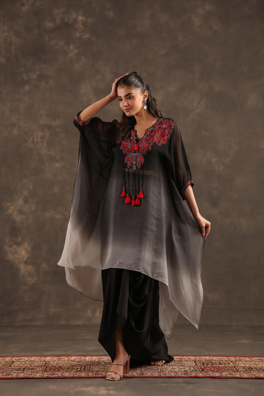 Heavy Embellished Ombre Kaftan Set Black - - Black Material: –Top : Arganza