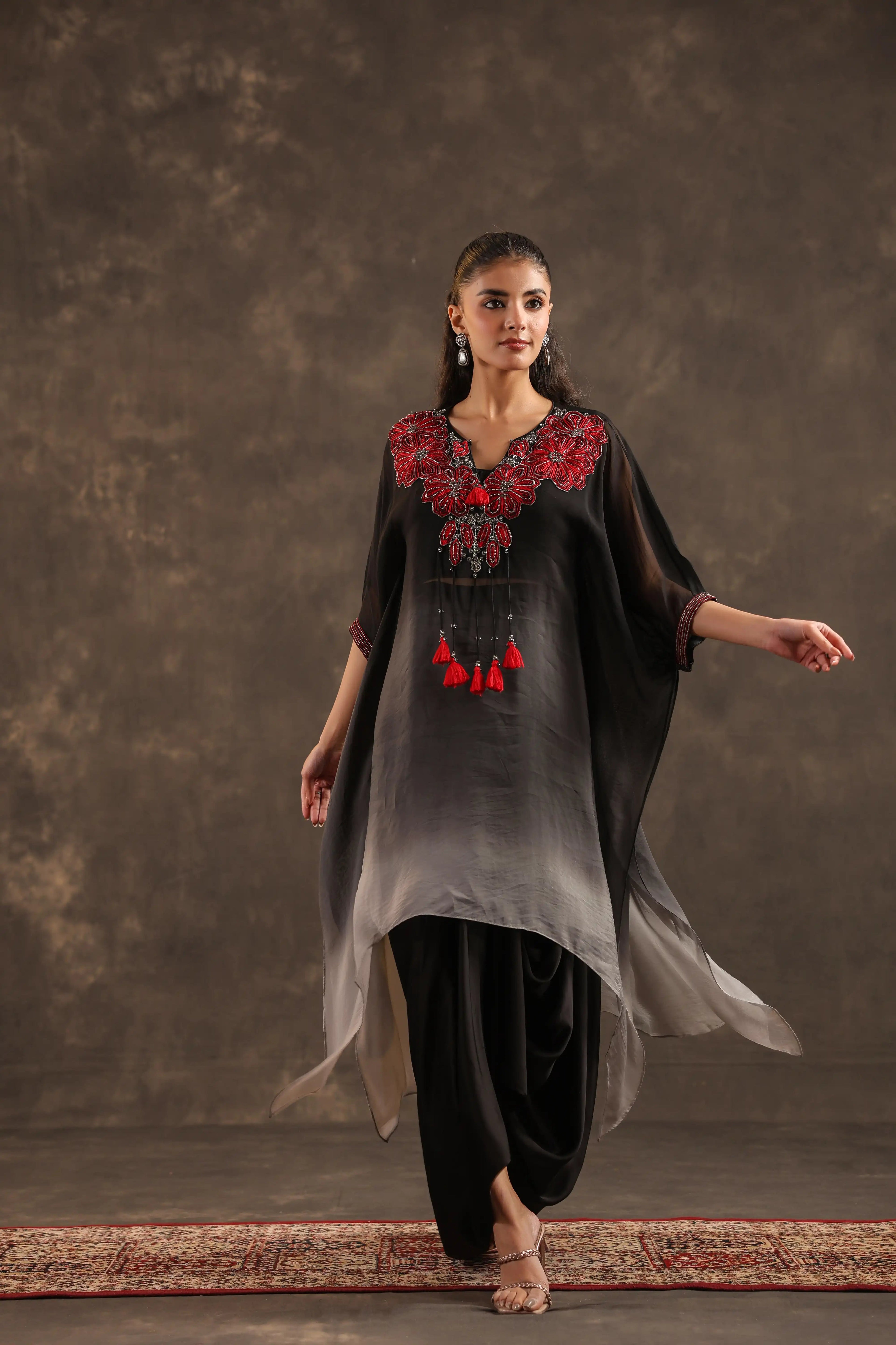 Heavy Embellished Ombre Kaftan Set Black - - Black Material: –Top : Arganza