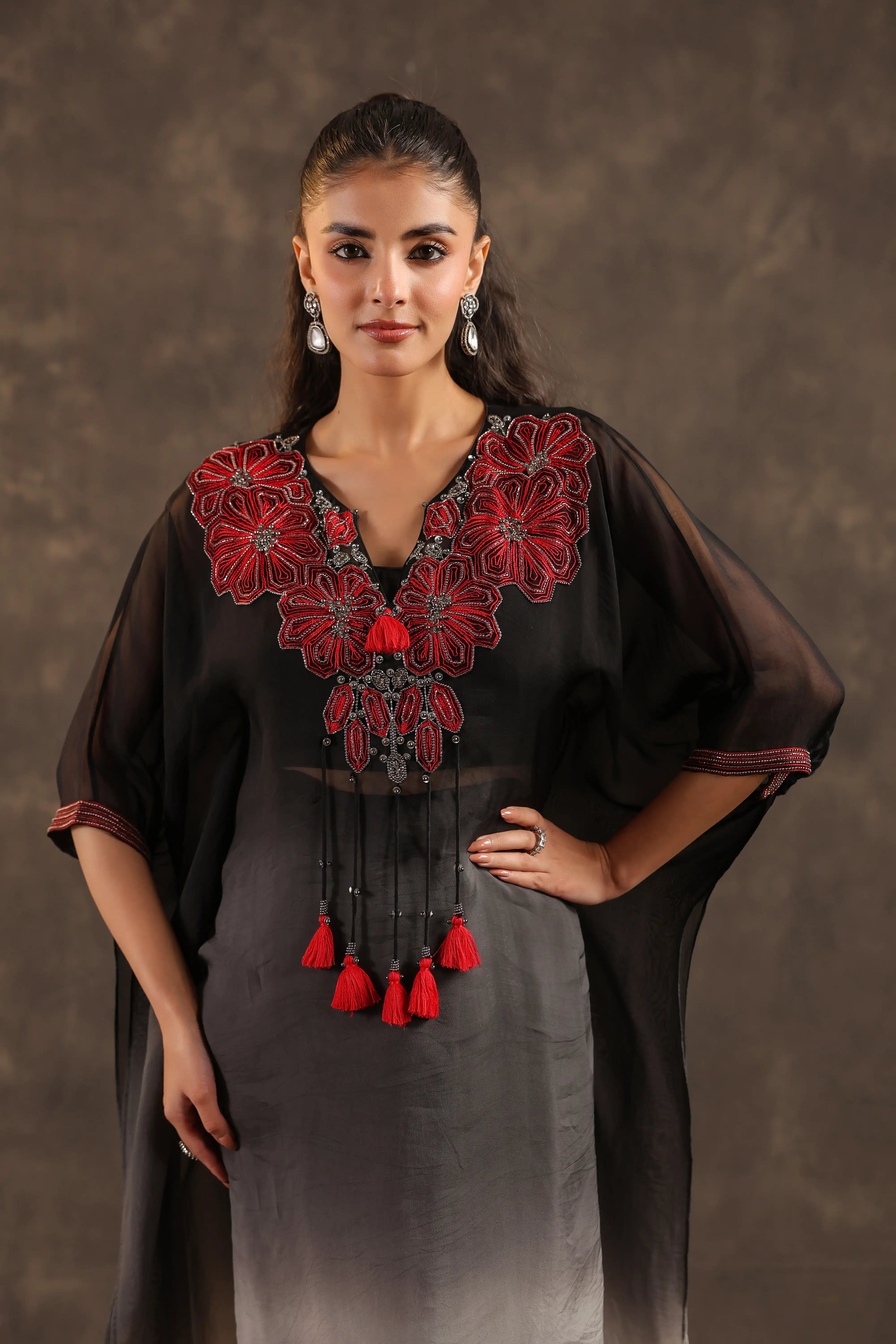 Heavy Embellished Ombre Kaftan Set Black - - Black Material: –Top : Arganza