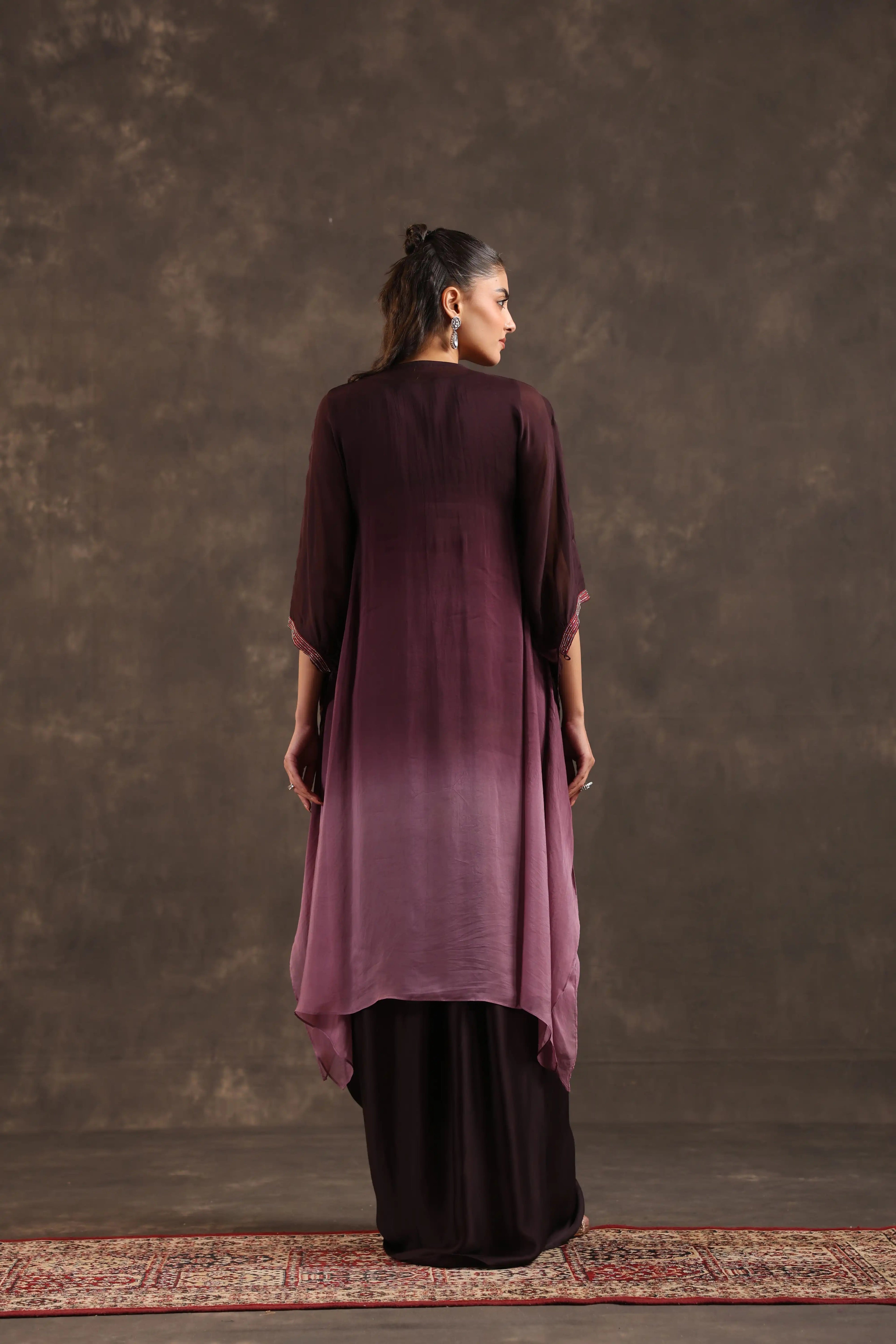 Heavy Embellished Ombre Kaftan Set Burgundy