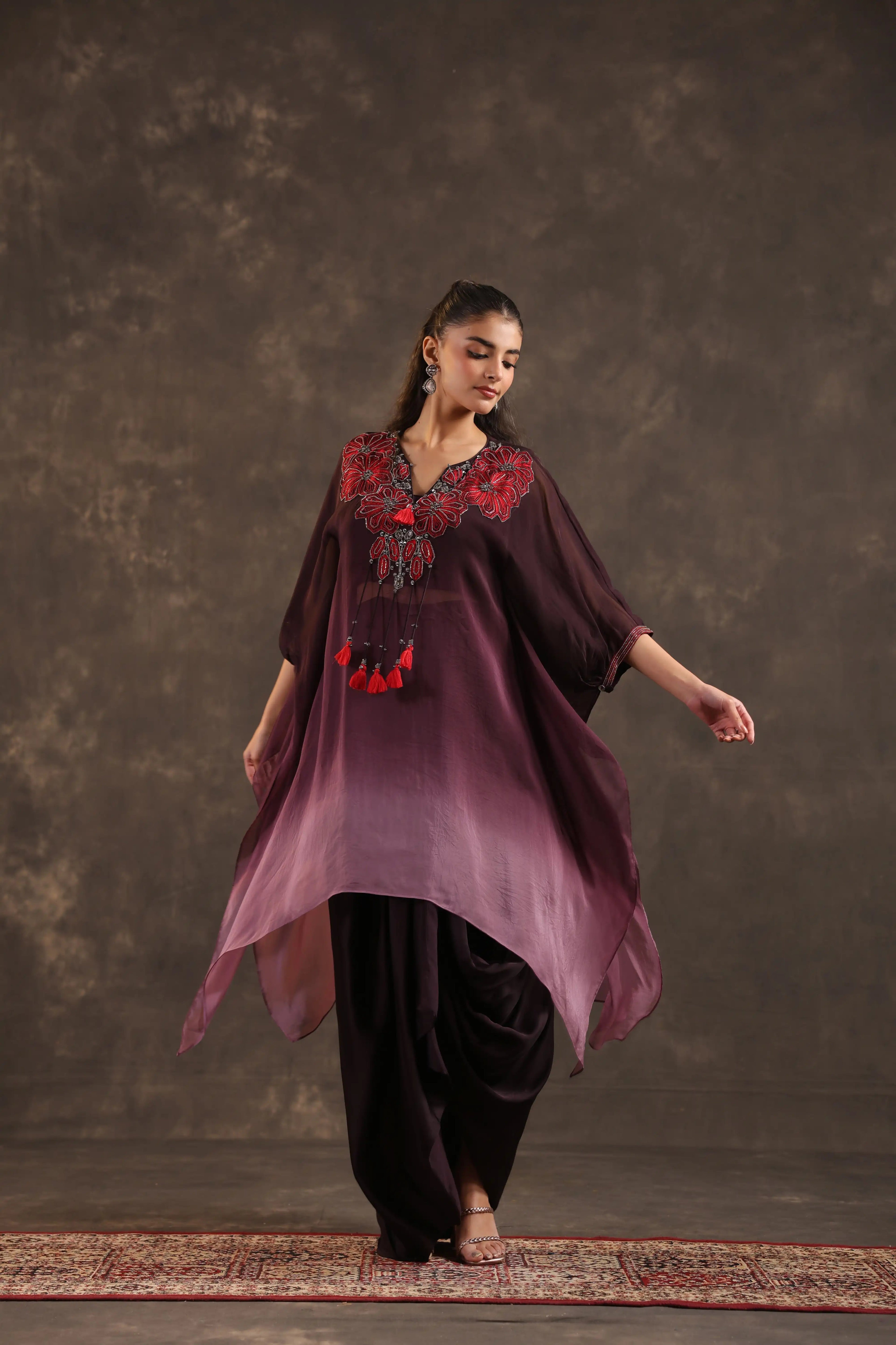Heavy Embellished Ombre Kaftan Set Burgundy
