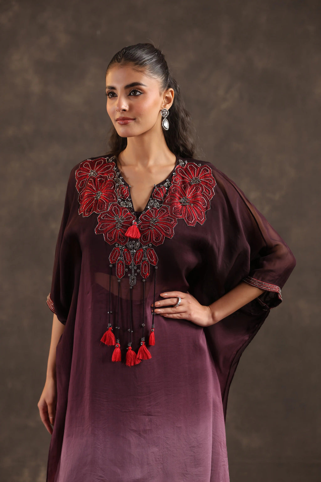 Heavy Embellished Ombre Kaftan Set Burgundy