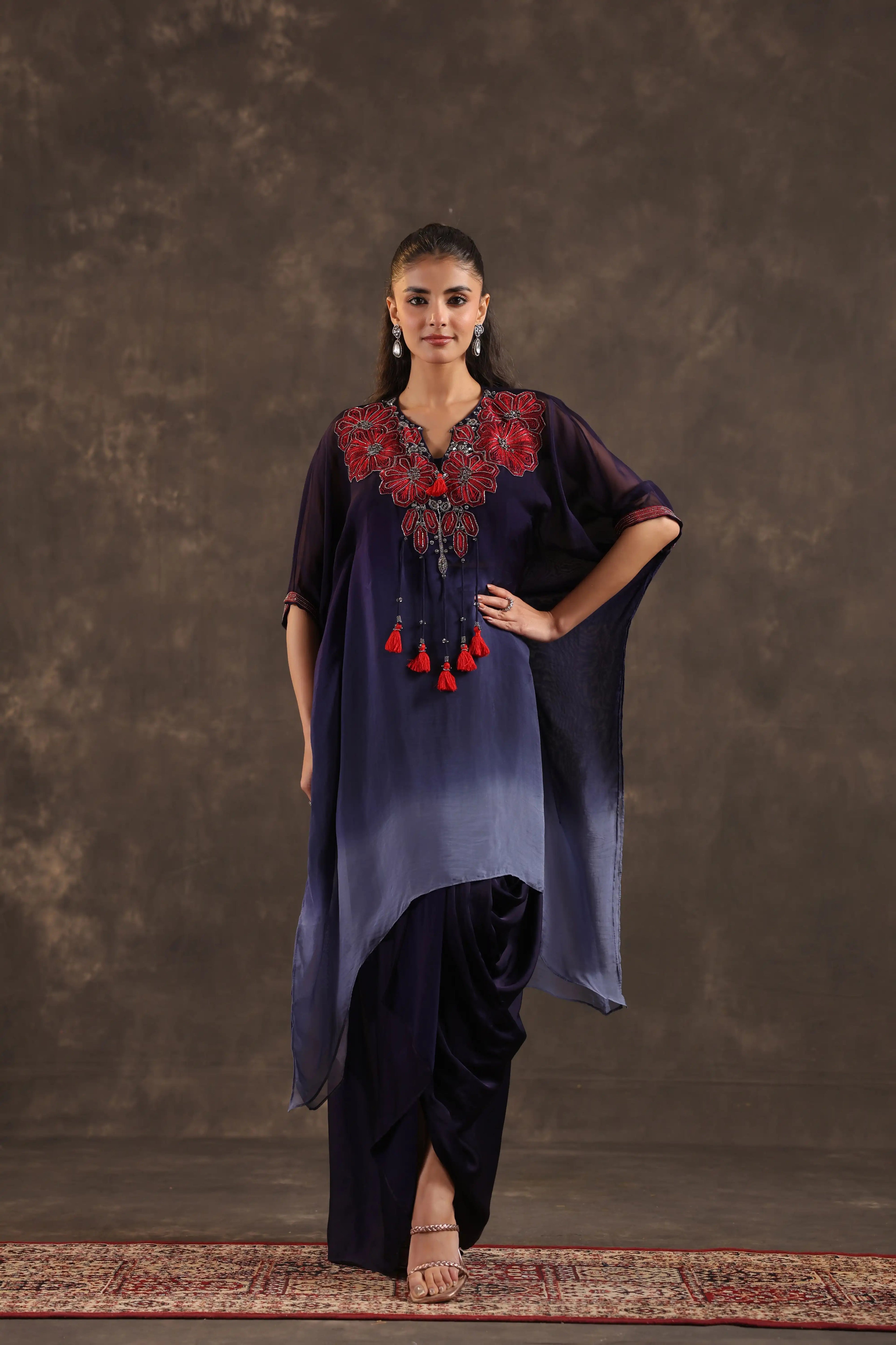 Heavy Embellished Ombre Kaftan Set Blue