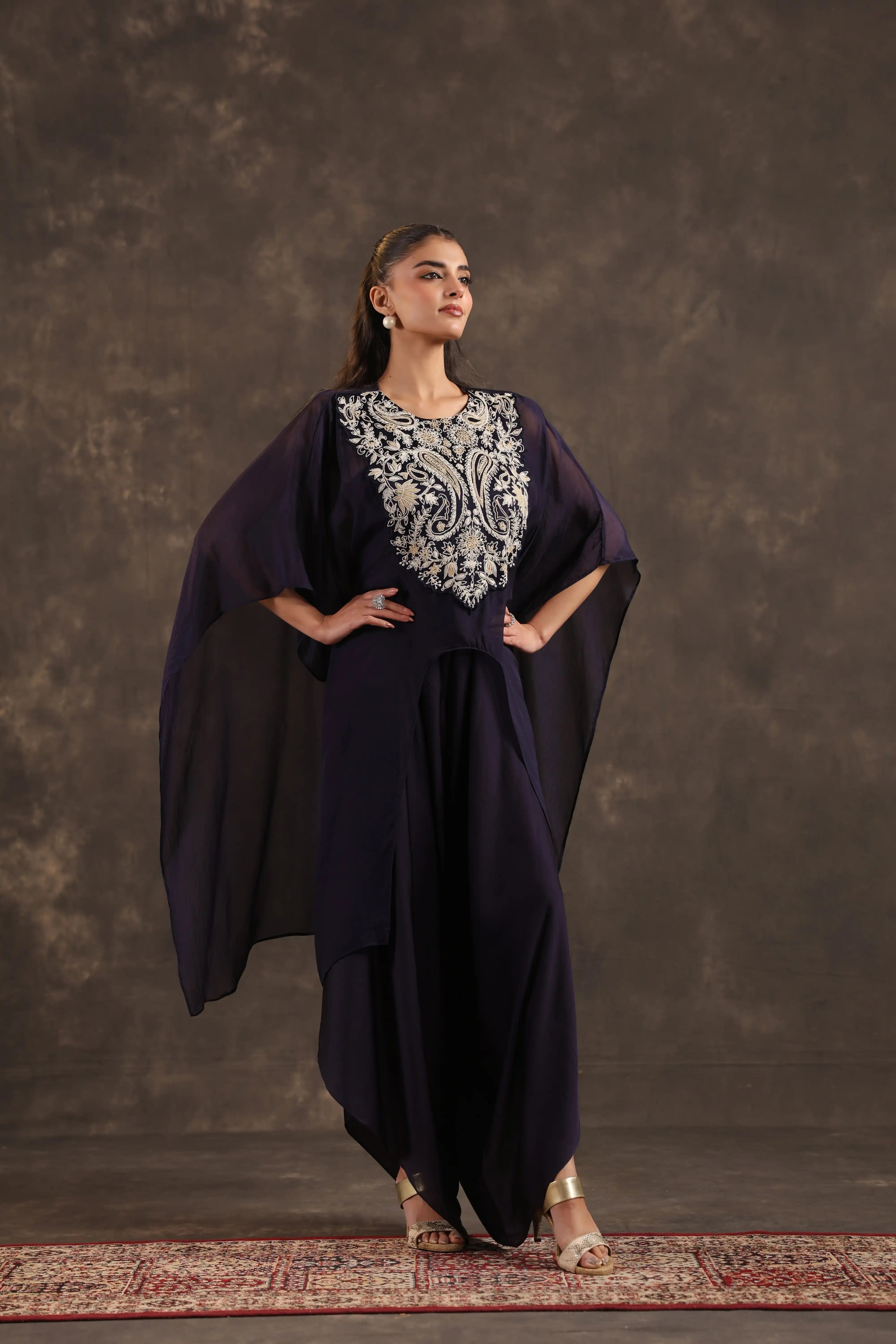 Heavy Embellished Kaftan Set Deep Blue
