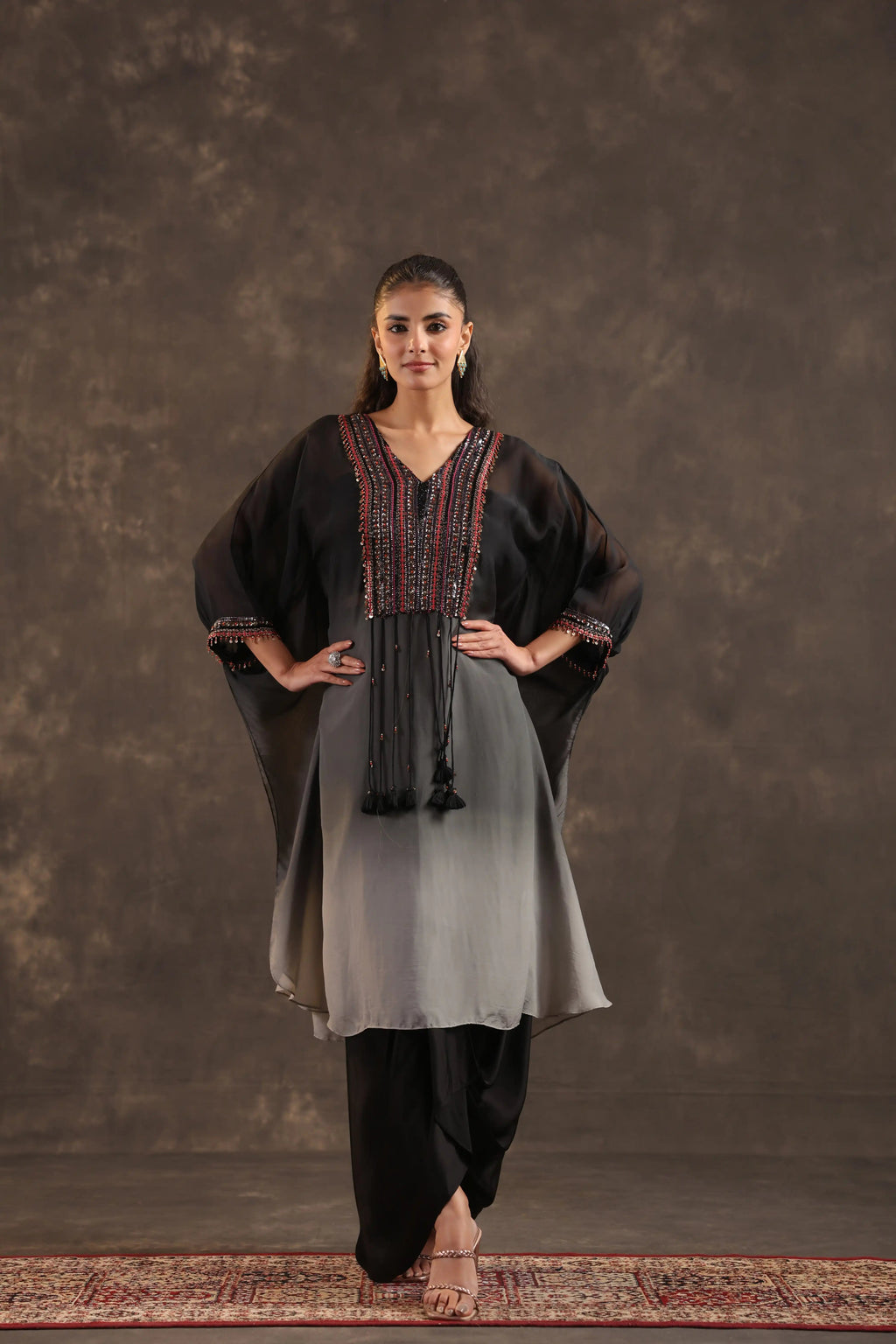 Heavy Embellished Ombre Kaftan Set Black - - Black Material: – Top : Arganza