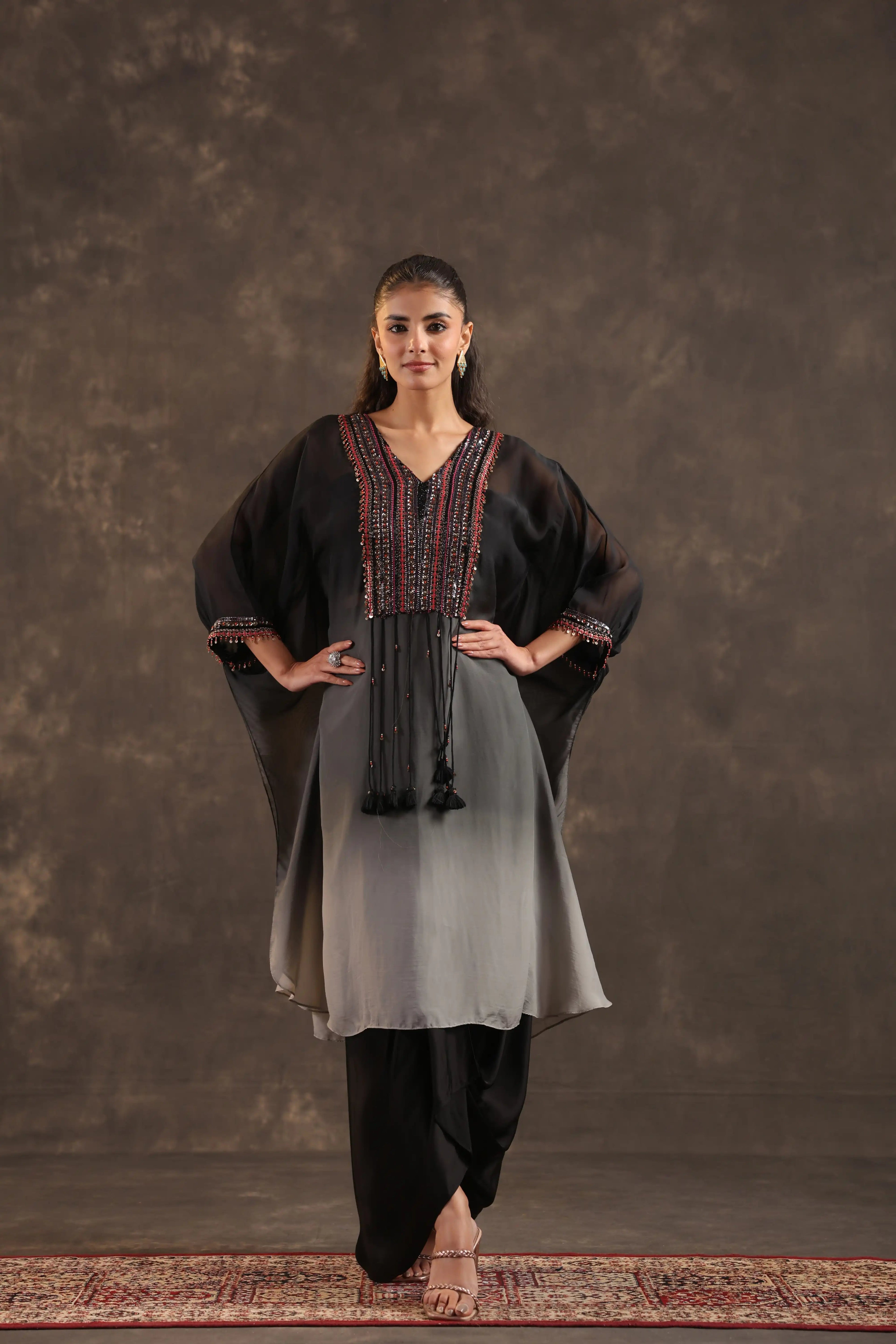 Heavy Embellished Ombre Kaftan Set Black - - Black Material: – Top : Arganza