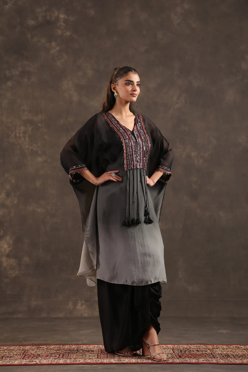 Heavy Embellished Ombre Kaftan Set Black - - Black Material: – Top : Arganza