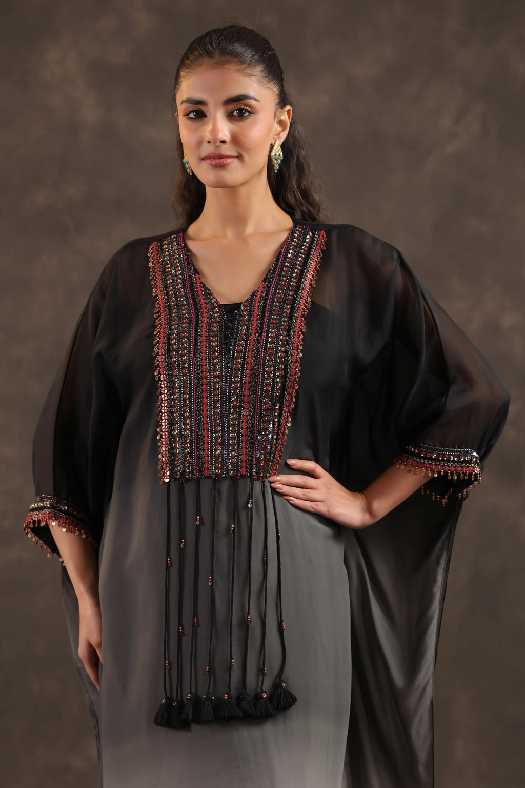 Heavy Embellished Ombre Kaftan Set Black - - Black Material: – Top : Arganza