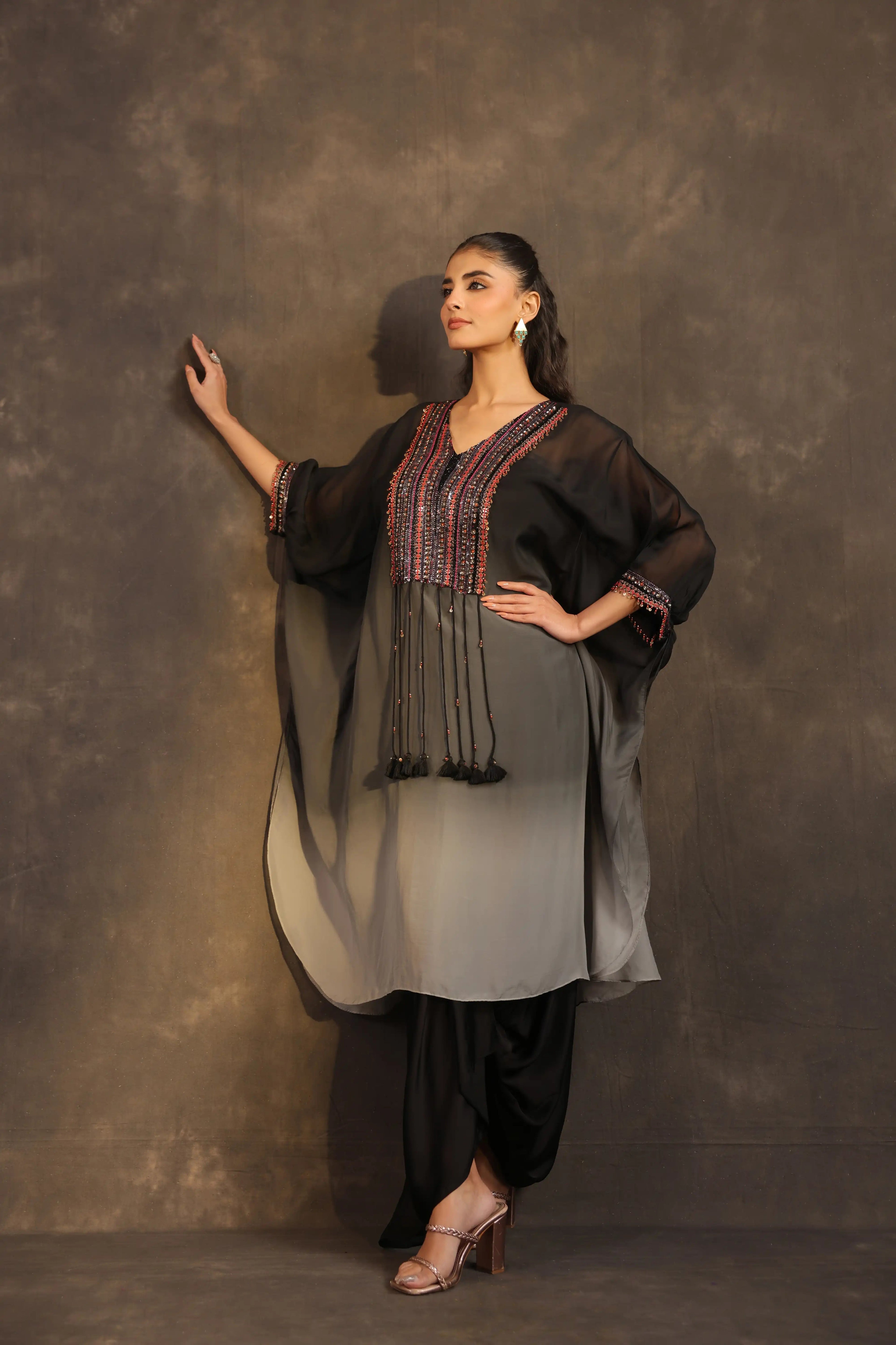 Heavy Embellished Ombre Kaftan Set Black - - Black Material: – Top : Arganza
