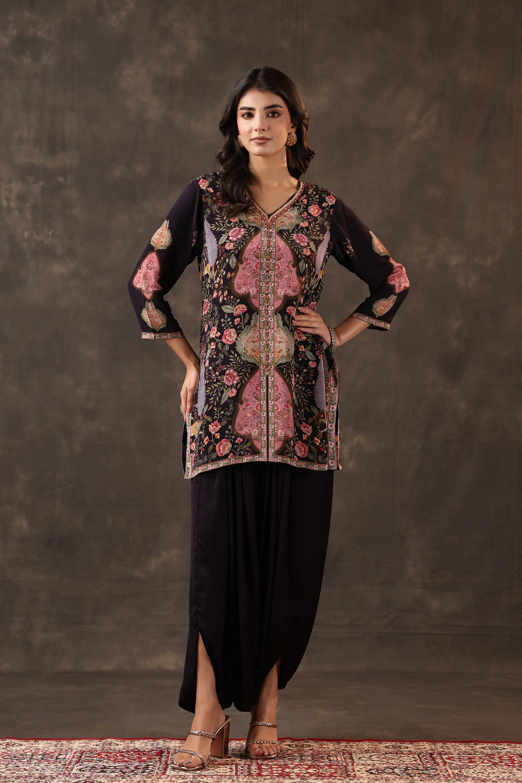 Kashmiri Top with Harem Pant - Black