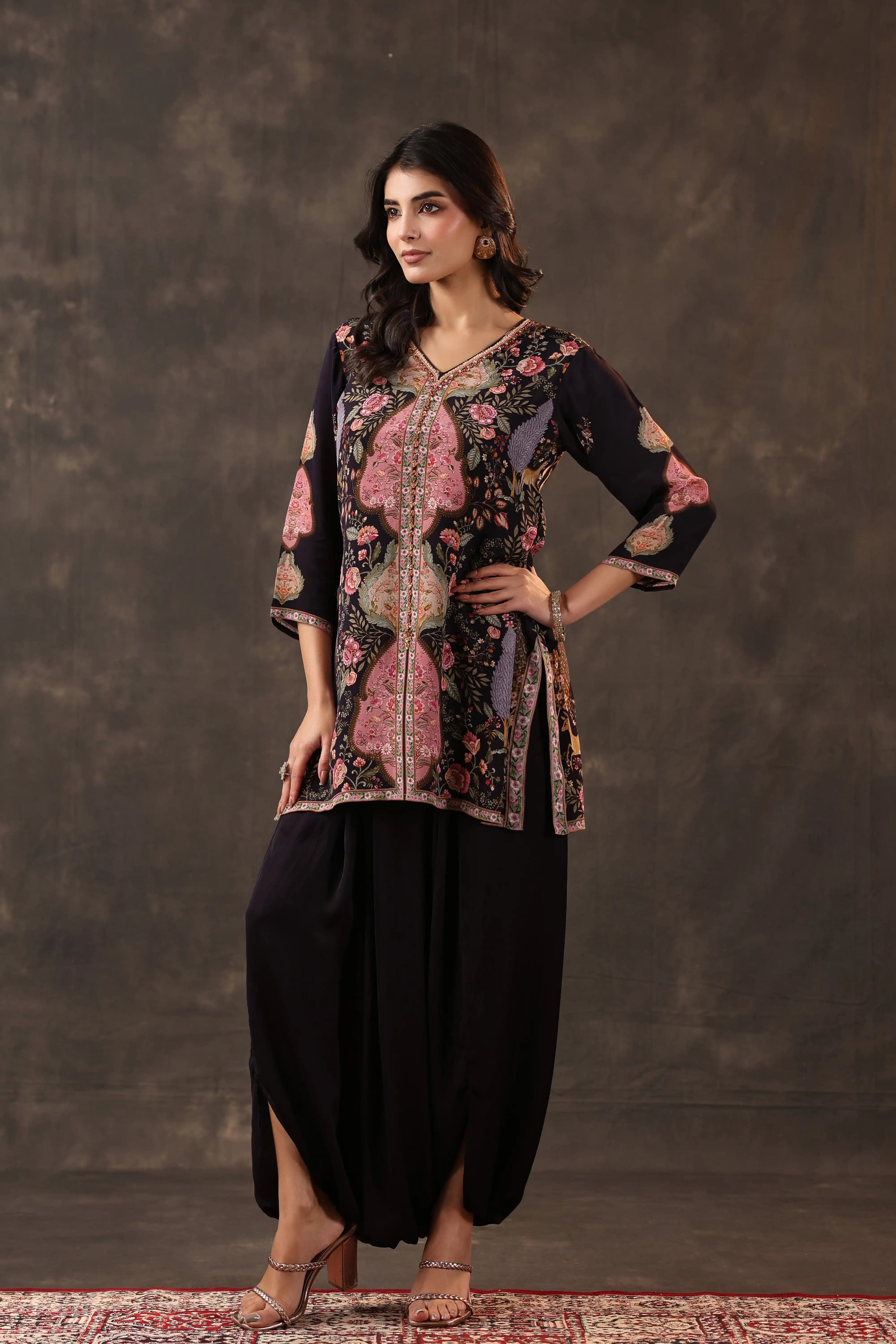 Kashmiri Top with Harem Pant - Black