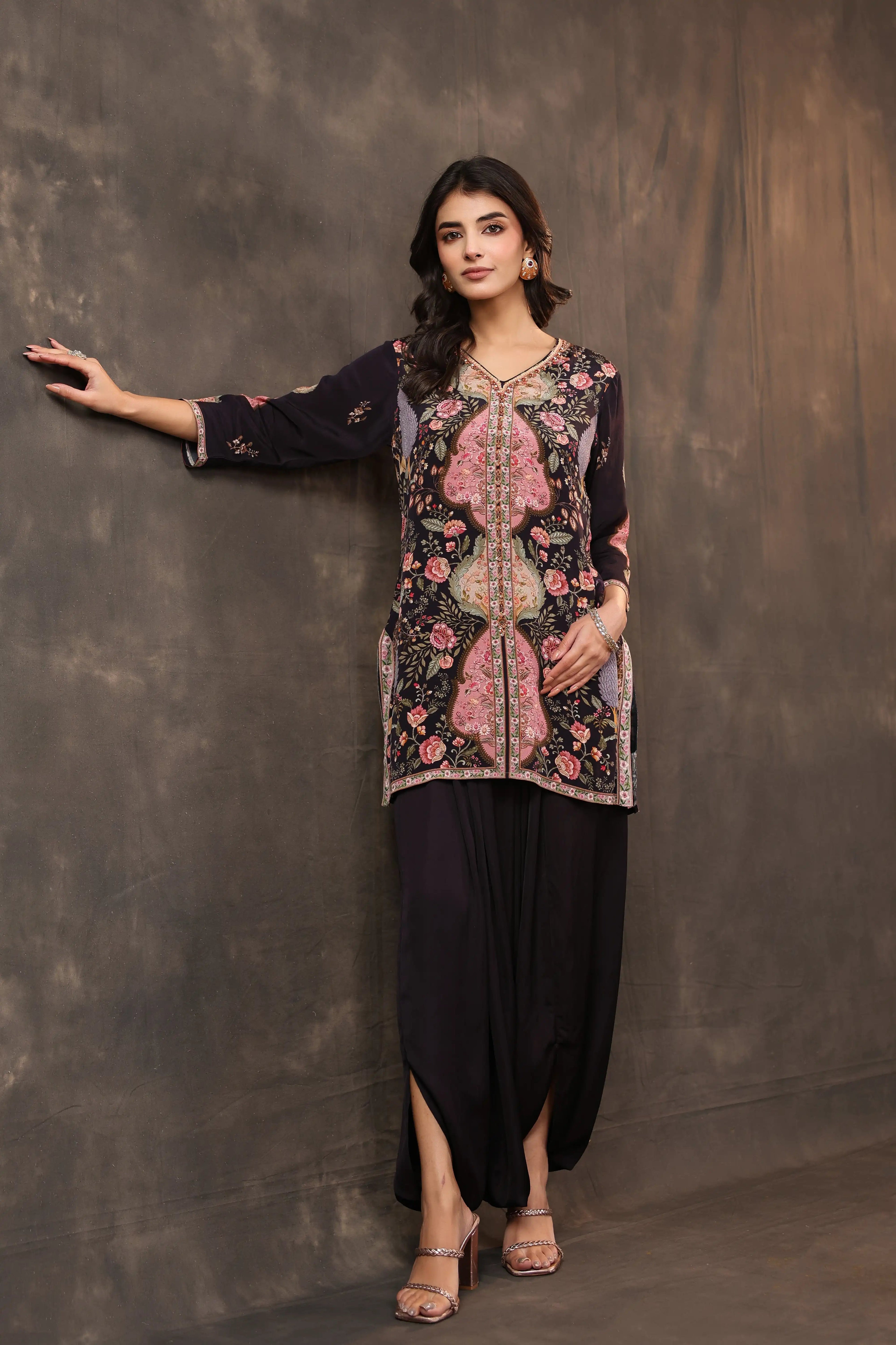 Kashmiri Top with Harem Pant - Black