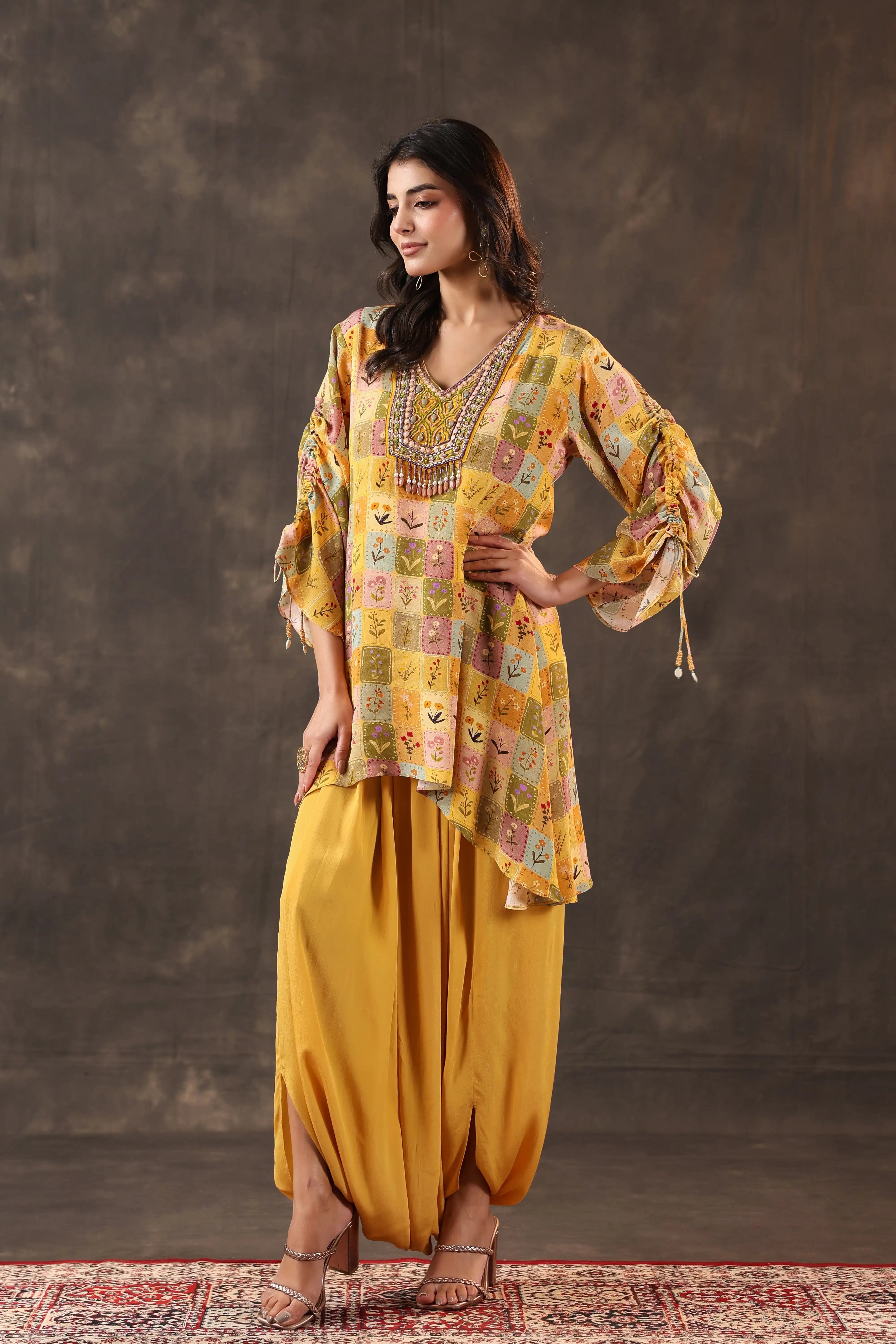 Emblished Top with Harem Pant - Mustard