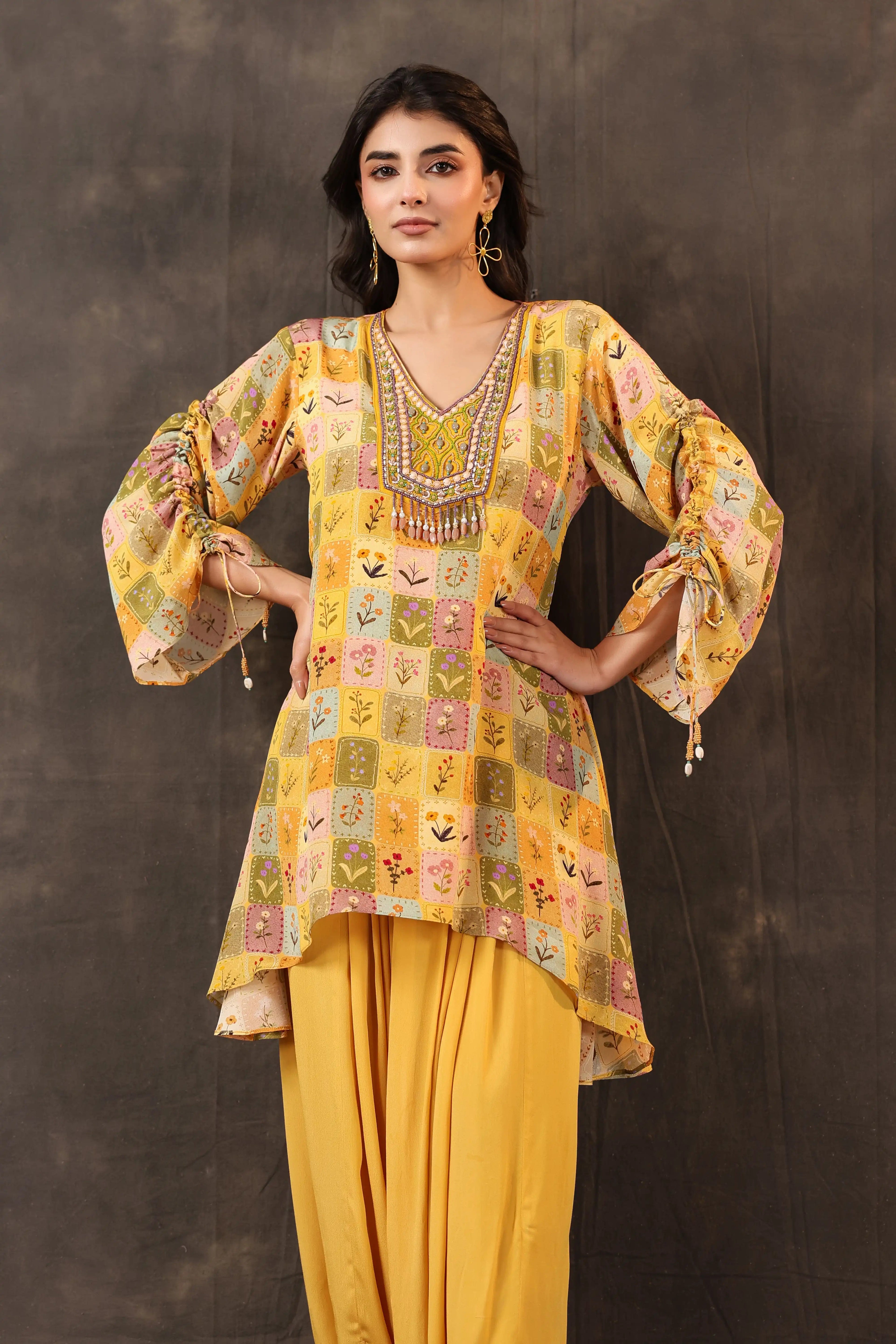 Emblished Top with Harem Pant - Mustard
