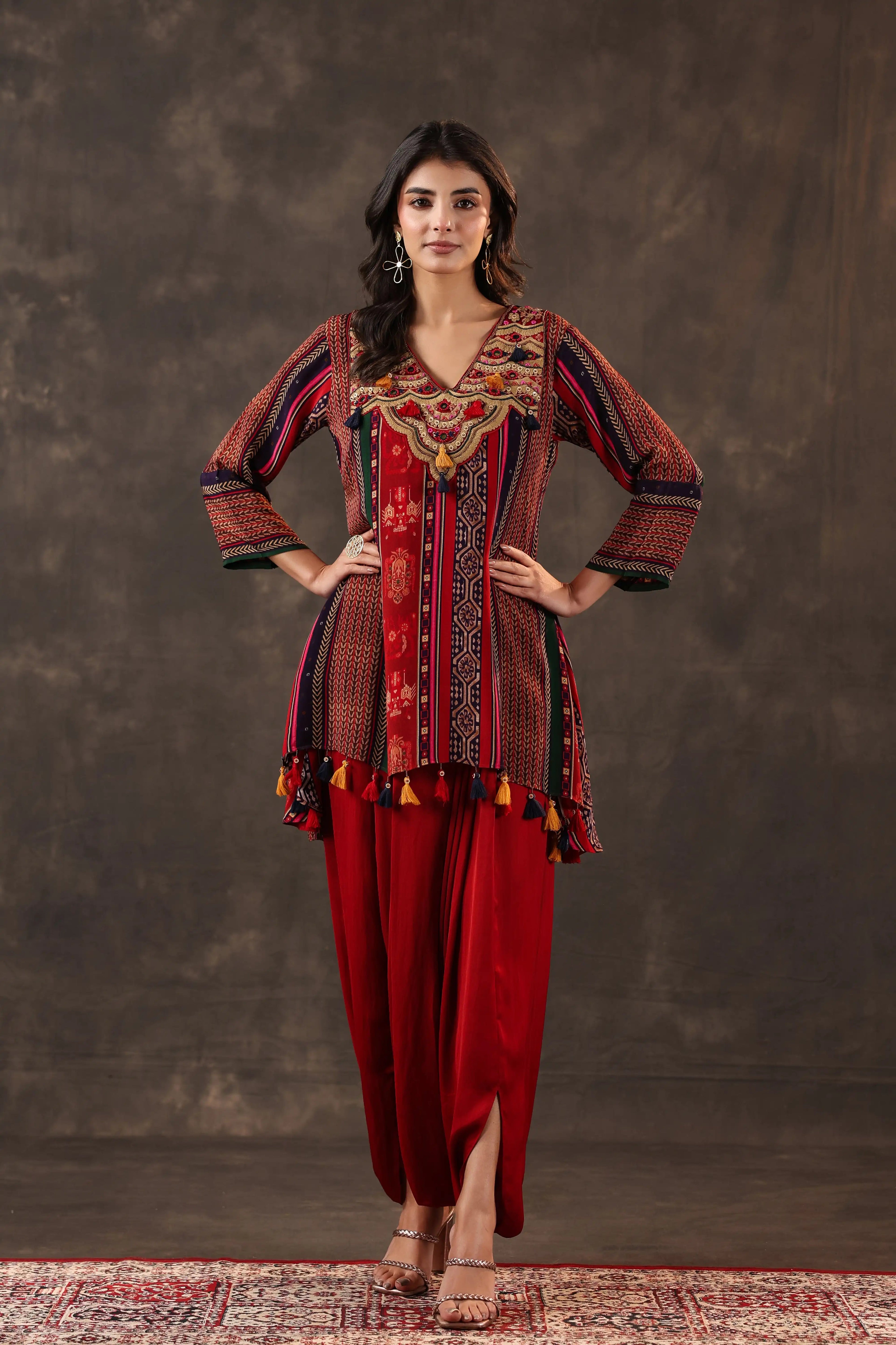 Emblished Top With Harem Pants - Maroon