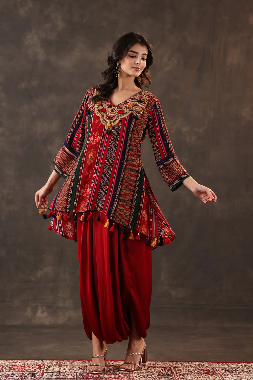 Emblished Top With Harem Pants - Maroon