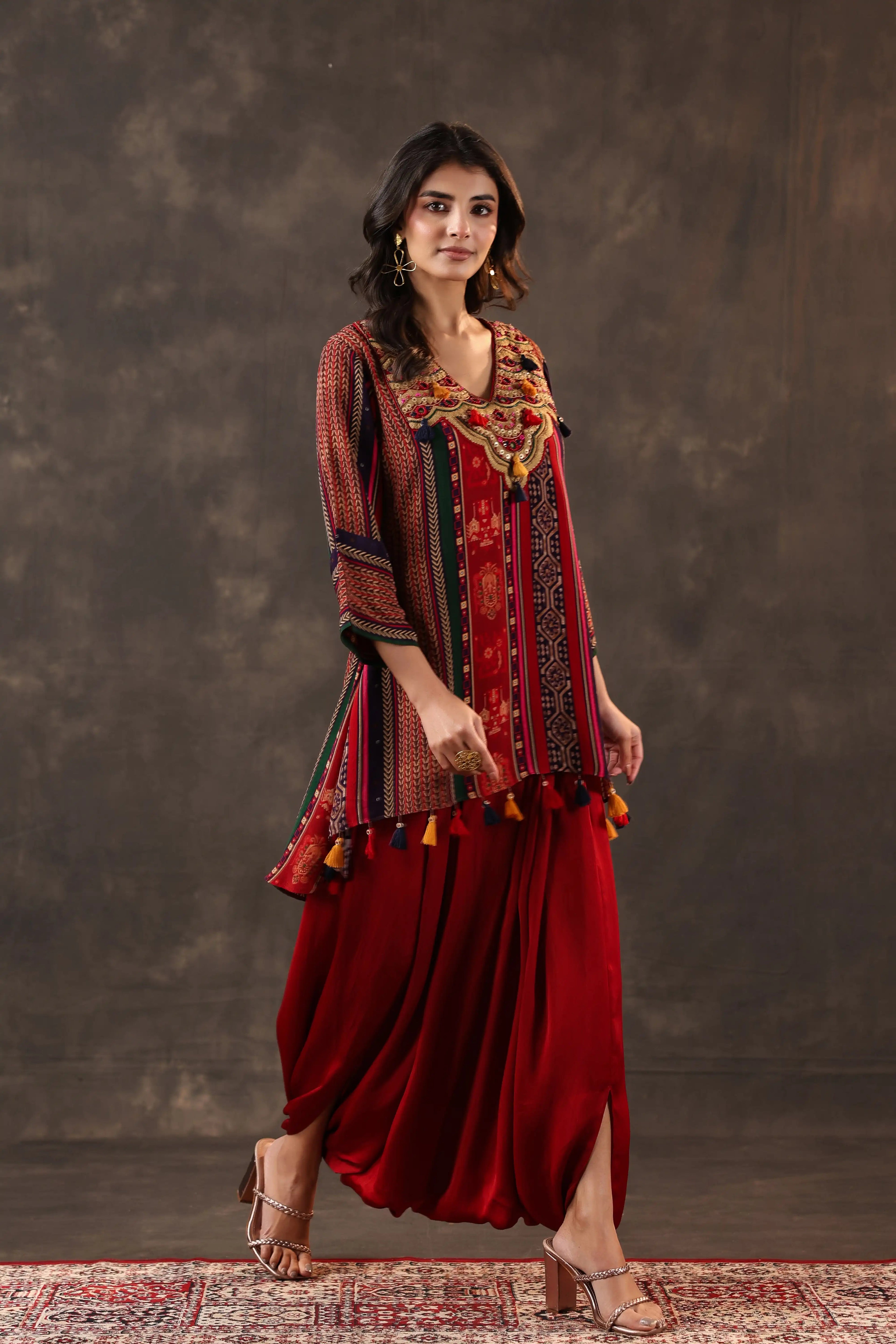 Emblished Top With Harem Pants - Maroon