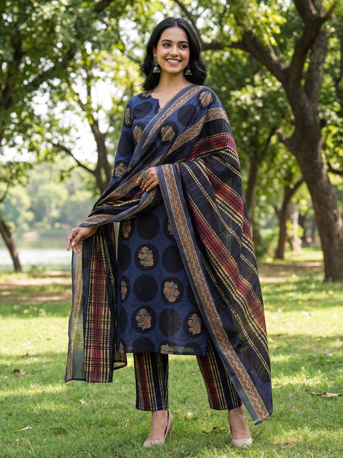 Blue Cotton Straight Floral Print Kurta Trouser Dupatta Set
